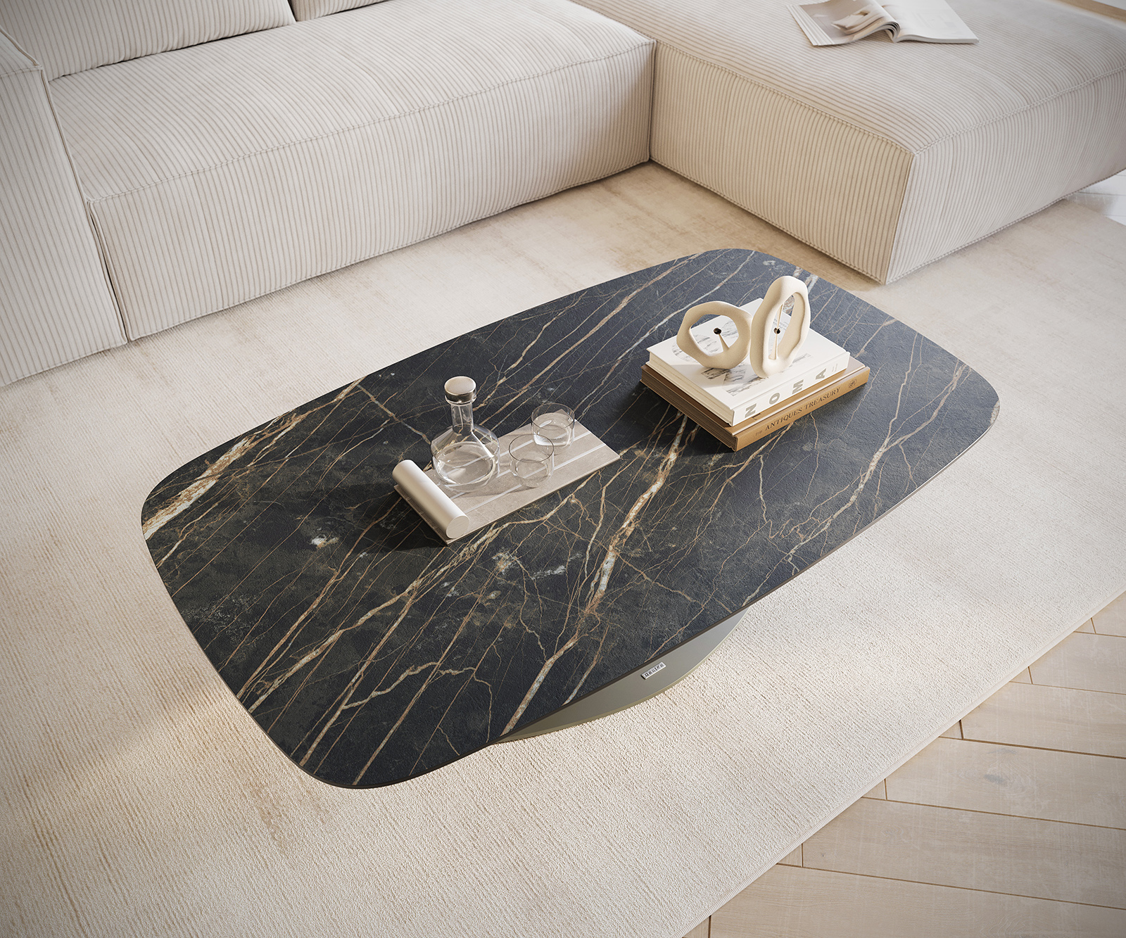 Konferenčný stolík Edge zaoblený tvar 120x70 cm keramika Laminam® Noir Desir hnedý Vibany kov efektový povrch titánová farba - Image 4