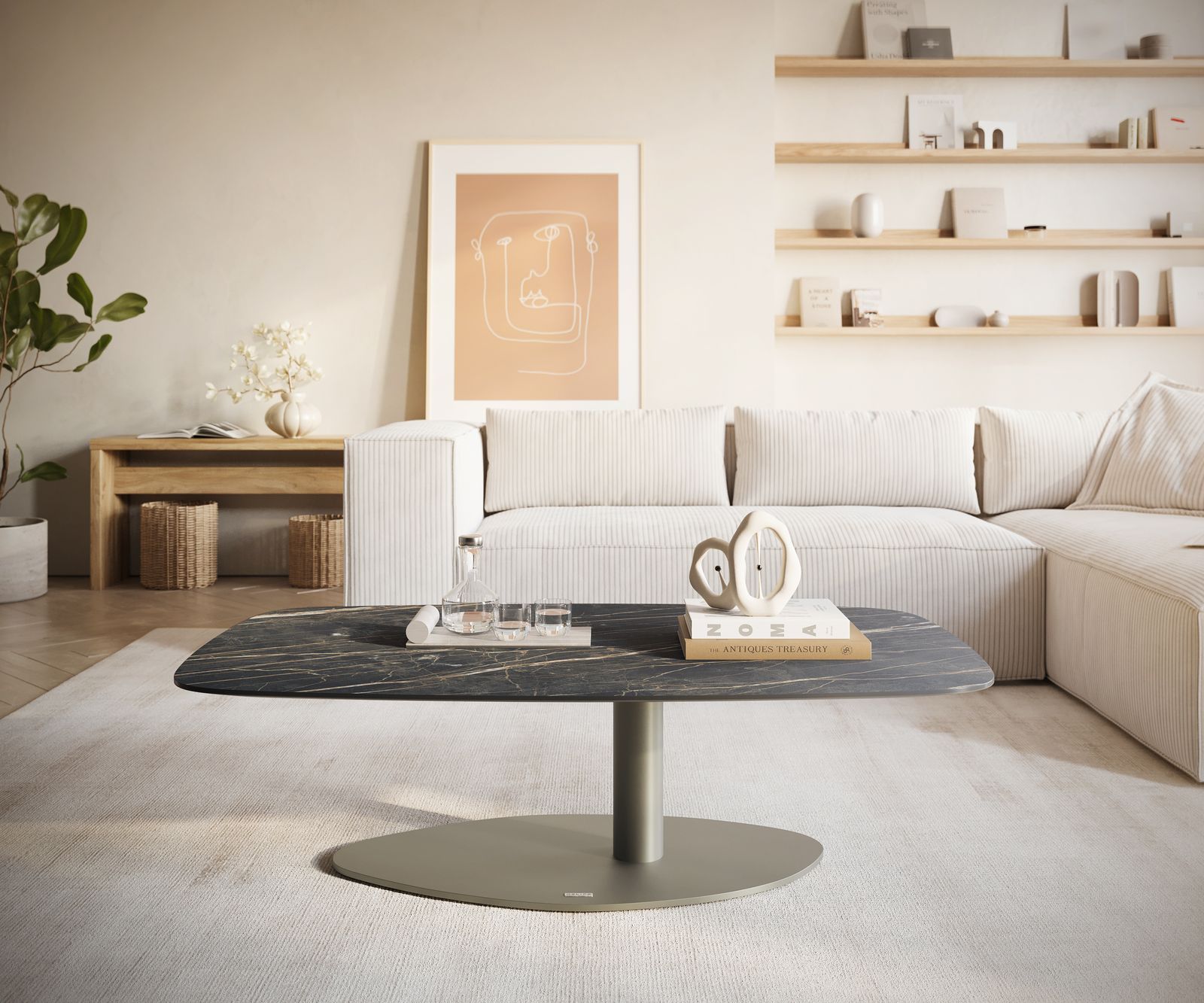 Konferenčný stolík Edge zaoblený tvar 120x70 cm keramika Laminam® Noir Desir hnedý Vibany kov efektový povrch titánová farba - Image 2