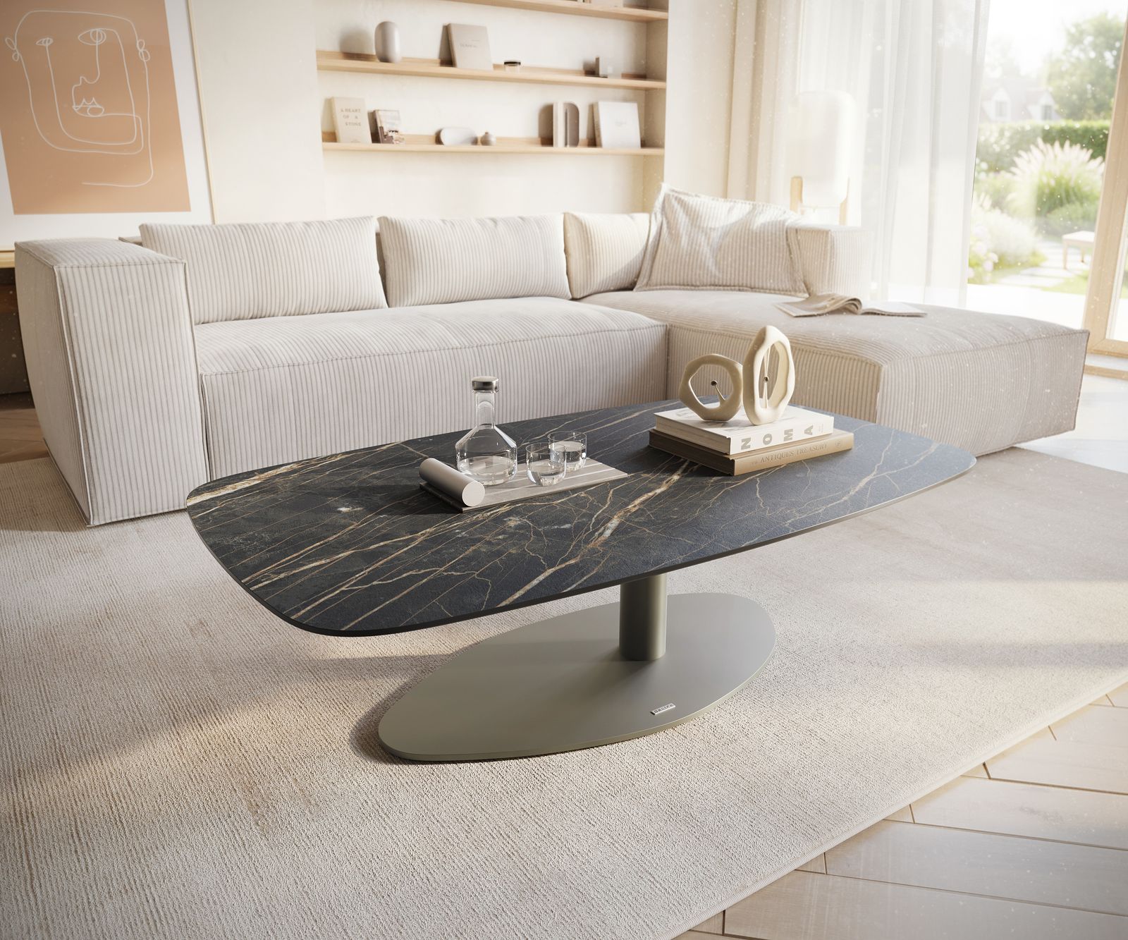 Konferenčný stolík Edge zaoblený tvar 120x70 cm keramika Laminam® Noir Desir hnedý Vibany kov efektový povrch titánová farba