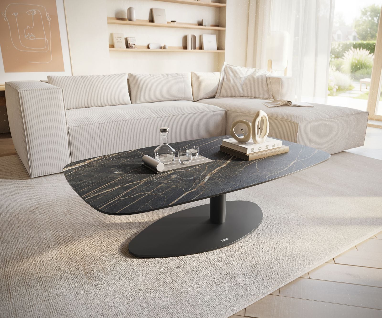 Konferenčný stolík Edge zaoblený 120x70 cm keramika Laminam® Noir Desir hnedá Vibany kov čierna