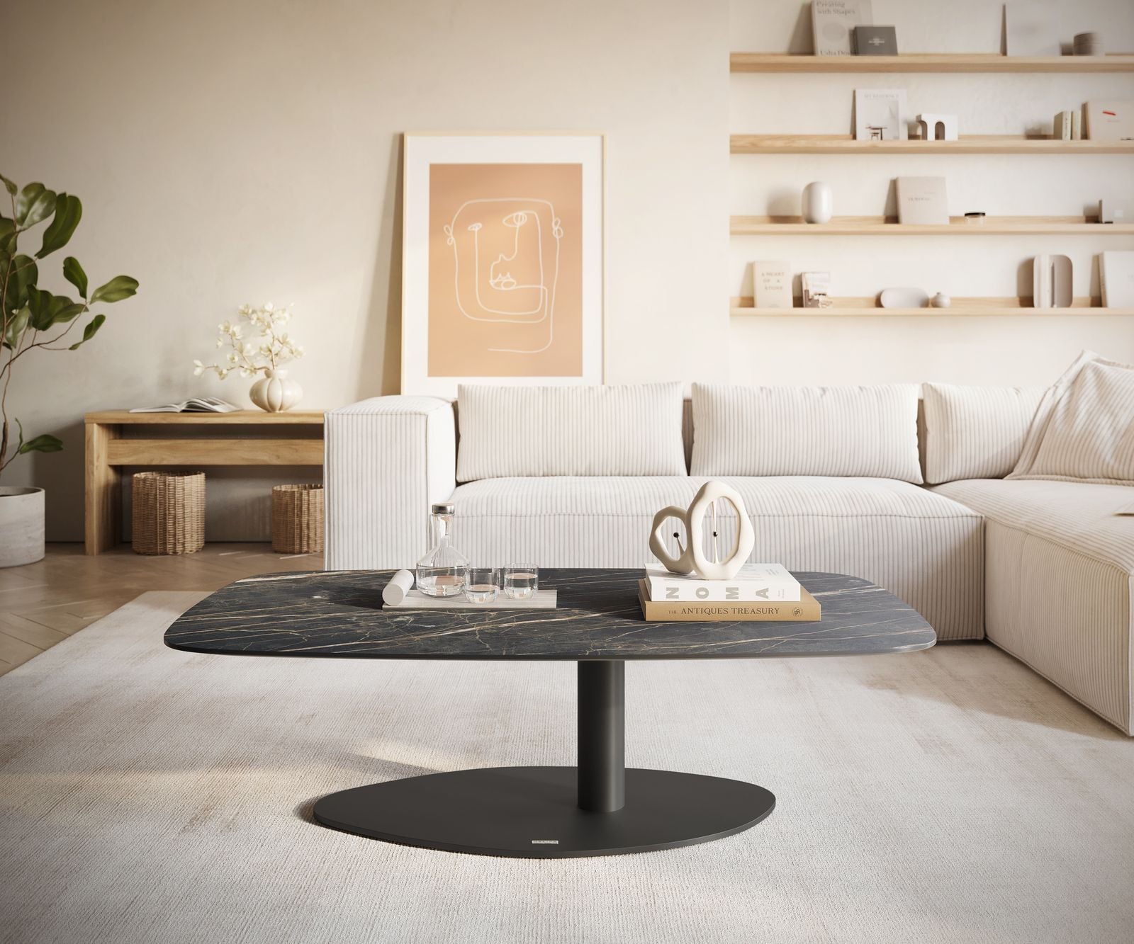 Konferenčný stolík Edge zaoblený 120x70 cm keramika Laminam® Noir Desir hnedá Vibany kov čierna - Image 2