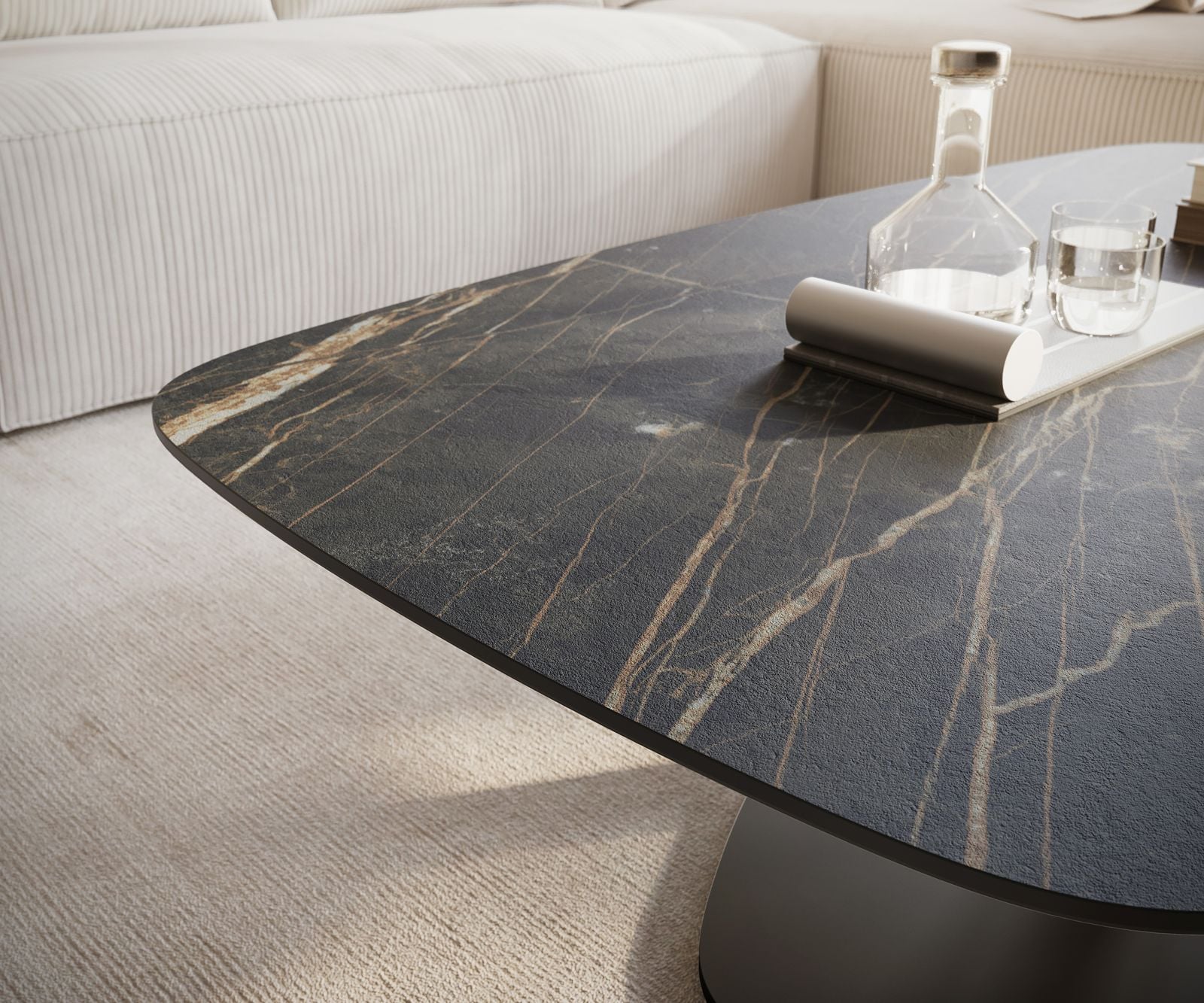 Konferenčný stolík Edge zaoblený 120x70 cm keramika Laminam® Noir Desir hnedá Vibany kov čierna - Image 6