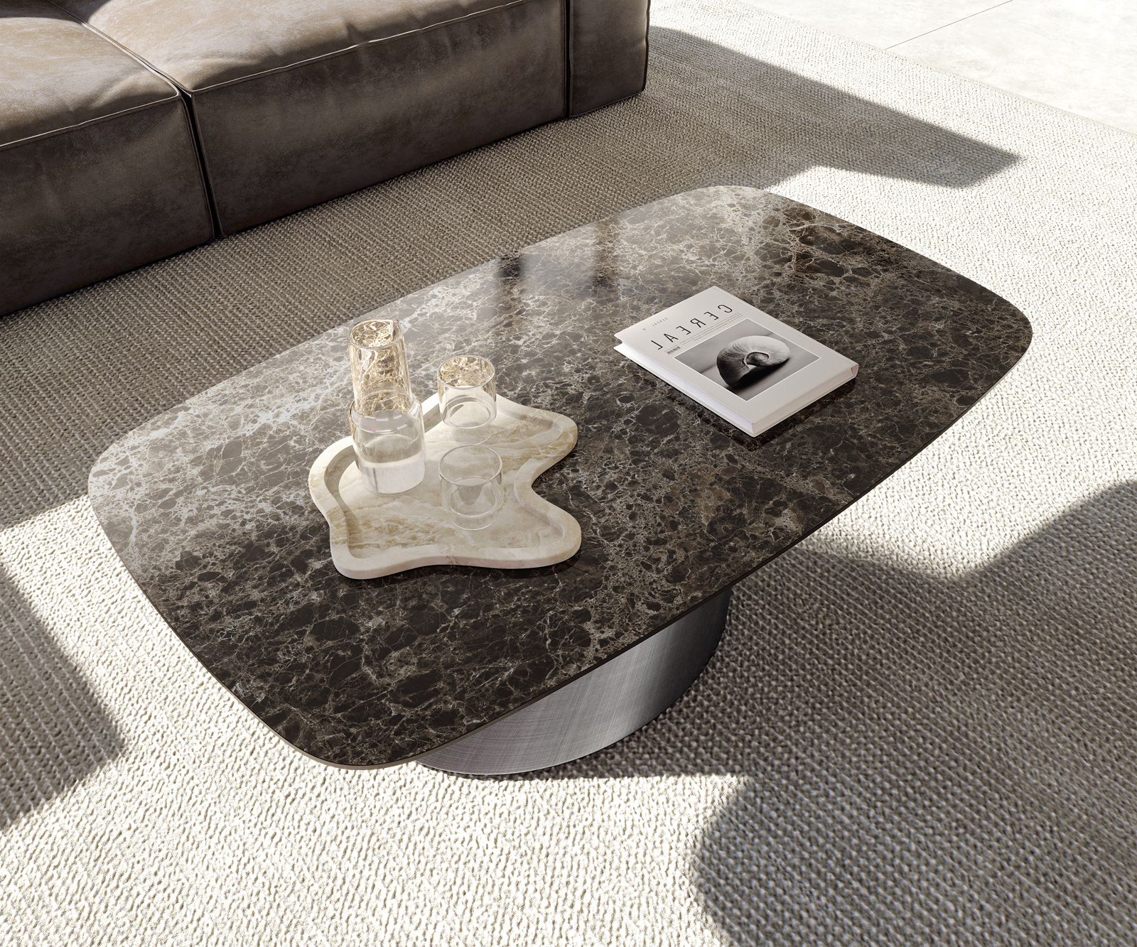 Konferenčný stolík Edge zaoblený 120x70 cm keramika Laminam® Emperador Extra Lucidato tmavohnedá Conis metalická strieborná - Image 4