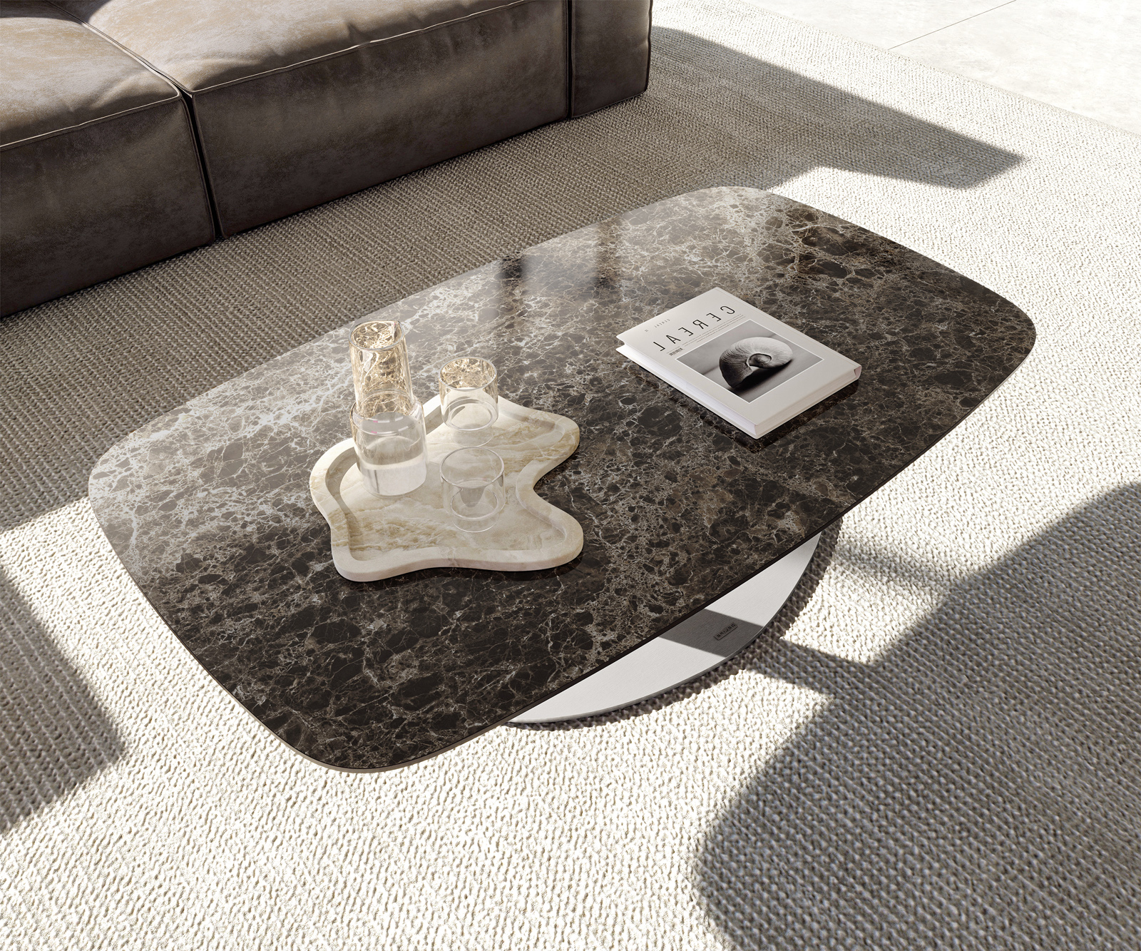 Konferenčný stolík Edge zaoblený tvar 120x70 cm keramika Laminam® Emperador Extra Lucidato tmavohnedá Vibany nerezová oceľ kefovaná - Image 4