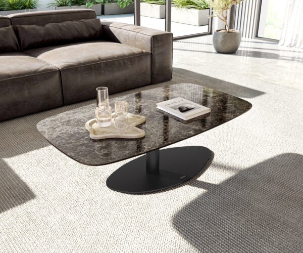 Konferenčný stolík Edge zaoblený 120x70 cm keramika Laminam® Emperador Extra Lucidato tmavohnedá Vibany kov čierna