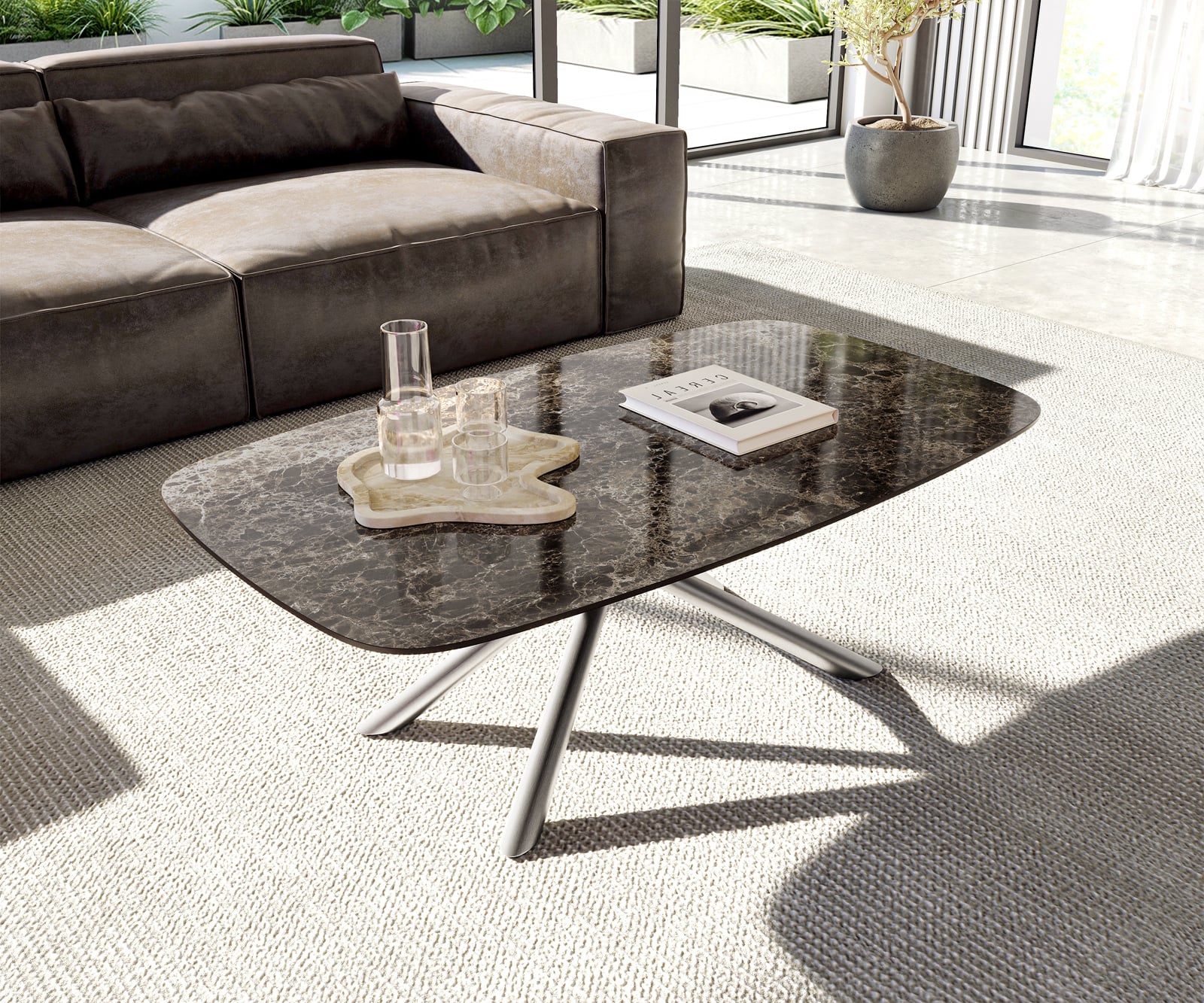 Konferenčný stolík Edge zaoblený tvar 120x70 cm keramika Laminam® Emperador Extra Lucidato tmavohnedá Sarity nerezová oceľ kefovaná