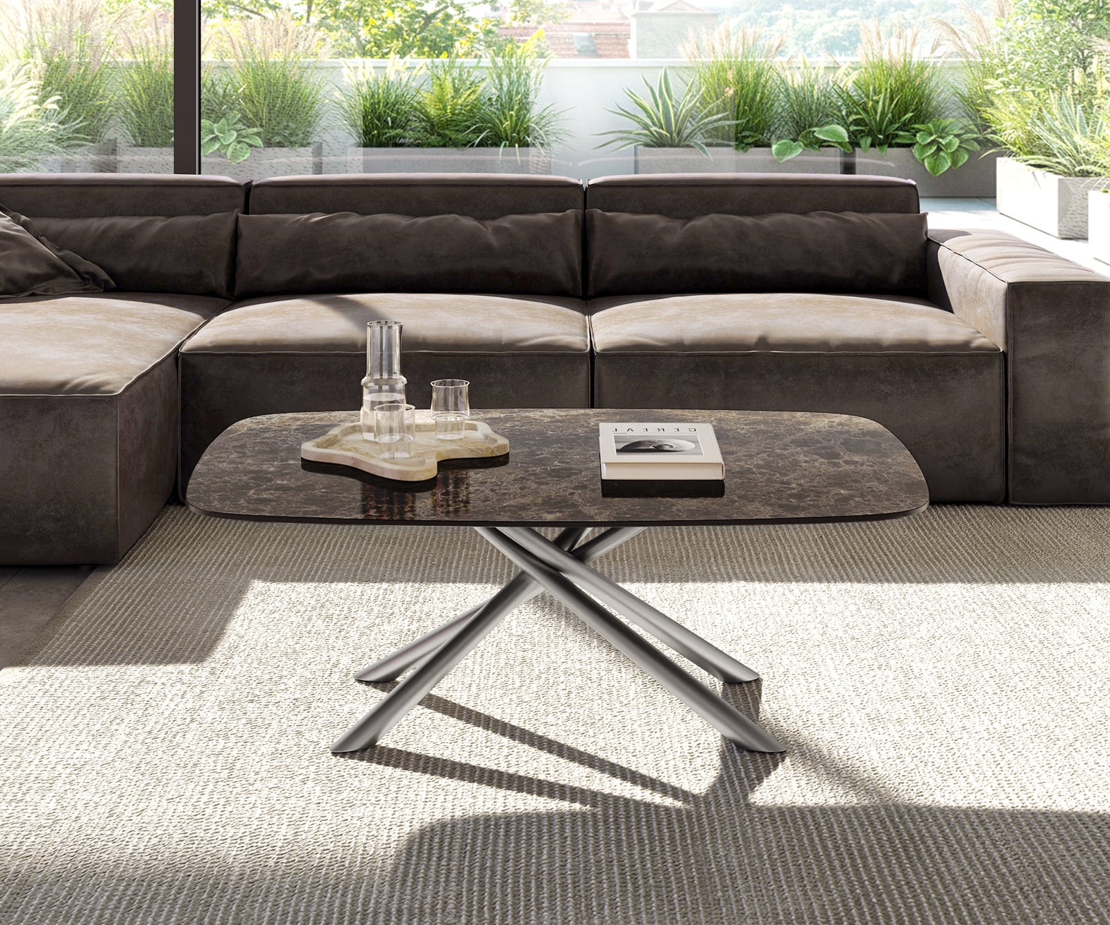 Konferenčný stolík Edge zaoblený tvar 120x70 cm keramika Laminam® Emperador Extra Lucidato tmavohnedá Sarity nerezová oceľ kefovaná - Image 2