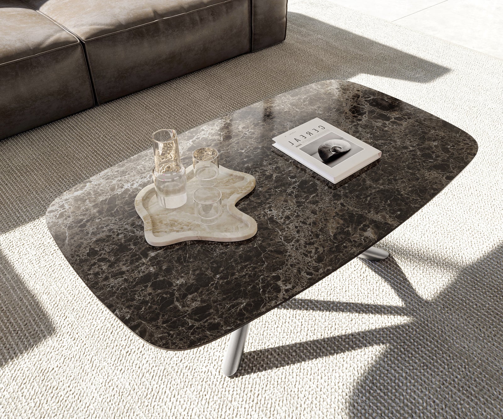 Konferenčný stolík Edge zaoblený tvar 120x70 cm keramika Laminam® Emperador Extra Lucidato tmavohnedá Sarity nerezová oceľ kefovaná - Image 4