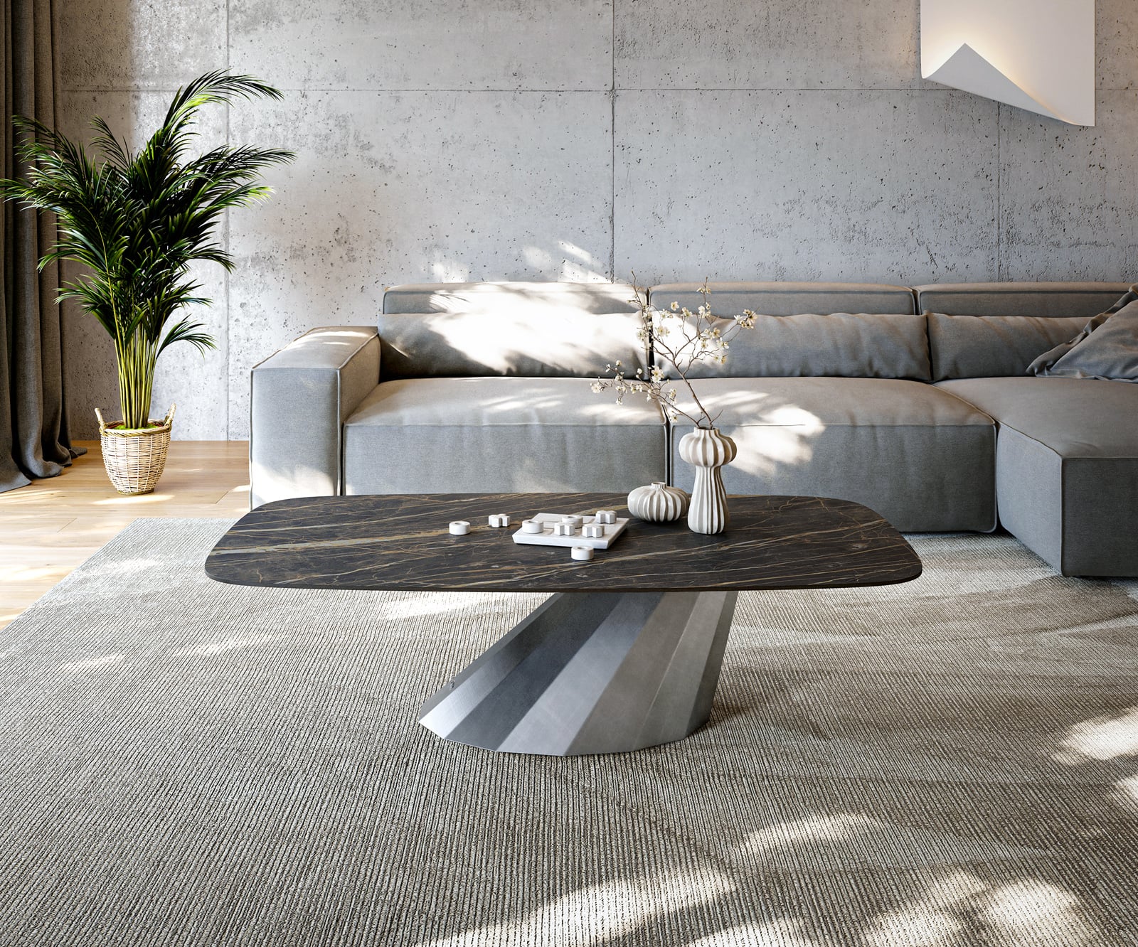 Konferenčný stolík Edge zaoblený 140x80 cm keramika Laminam® Noir Desir hnedá Parabi metalická strieborná