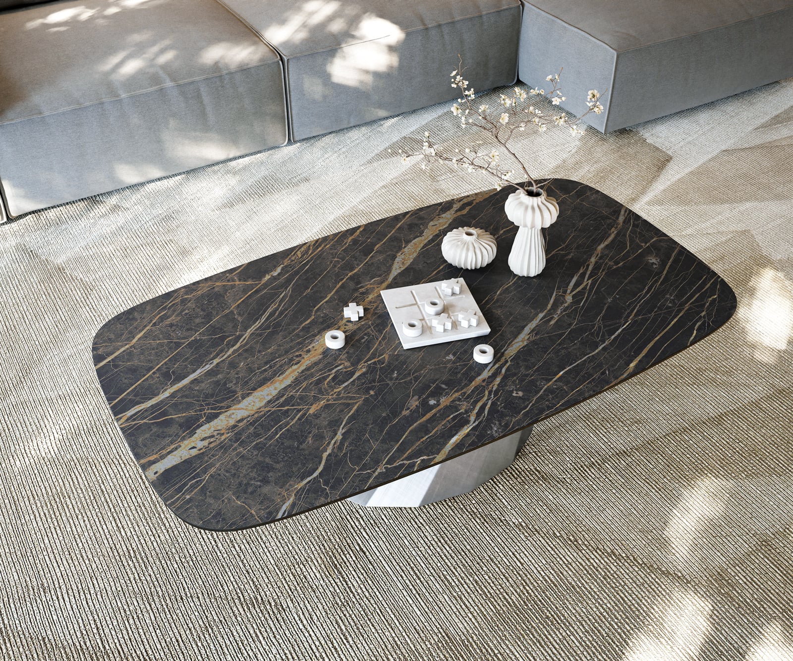 Konferenčný stolík Edge zaoblený 140x80 cm keramika Laminam® Noir Desir hnedá Parabi metalická strieborná - Image 6