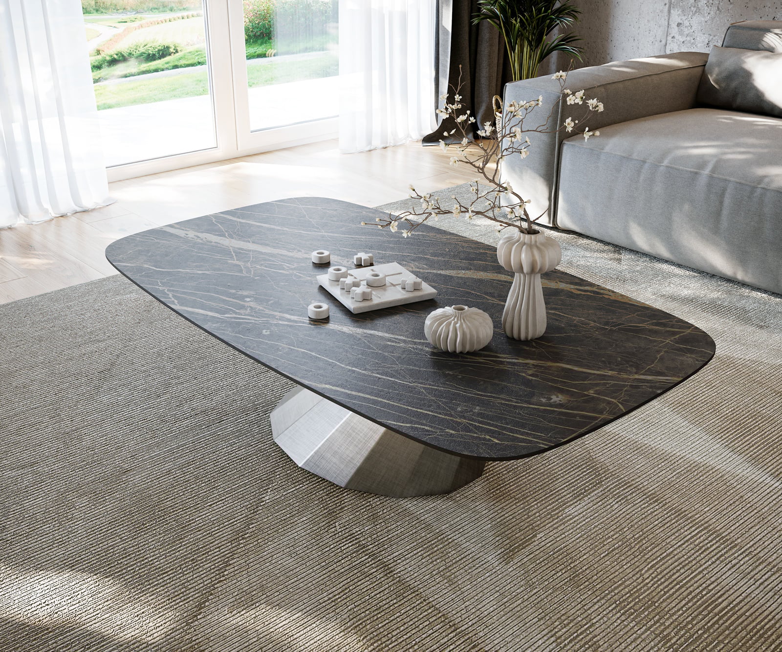 Konferenčný stolík Edge zaoblený 140x80 cm keramika Laminam® Noir Desir hnedá Parabi metalická strieborná - Image 4