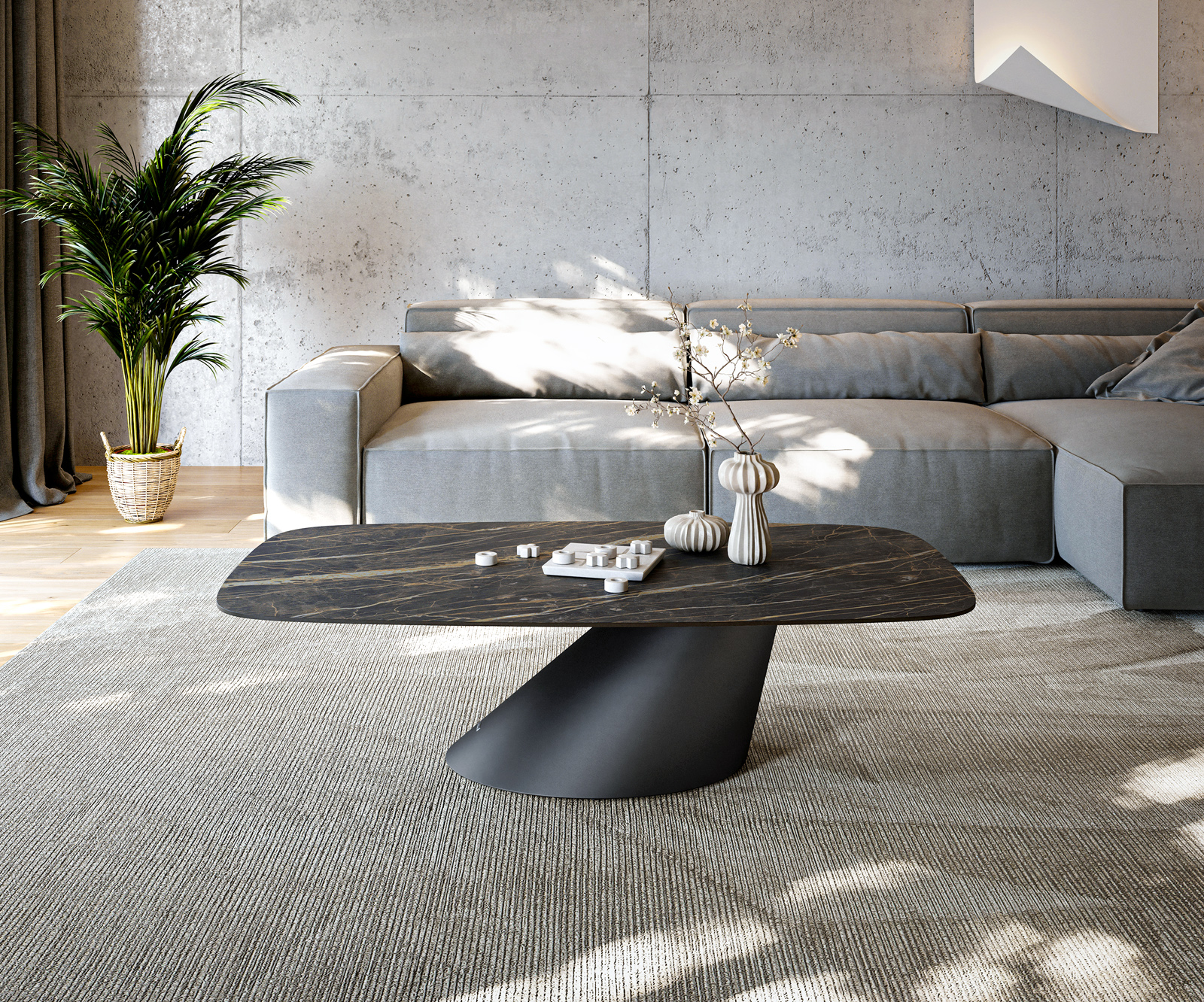 Konferenčný stolík Edge zaoblený 140x80 cm keramika Laminam® Noir Desir hnedá Conis kov čierna