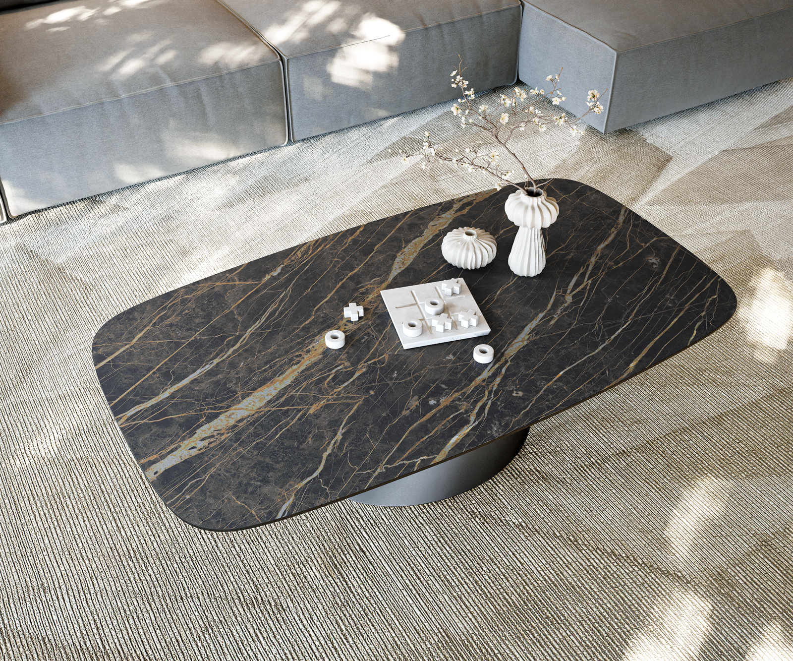 Konferenčný stolík Edge zaoblený 140x80 cm keramika Laminam® Noir Desir hnedá Conis kov čierna - Image 6