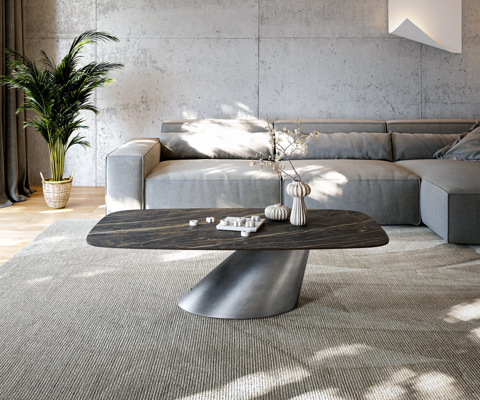 Konferenčný stolík Edge zaoblený 140x80 cm keramika Laminam® Noir Desir hnedá Conis metalická strieborná