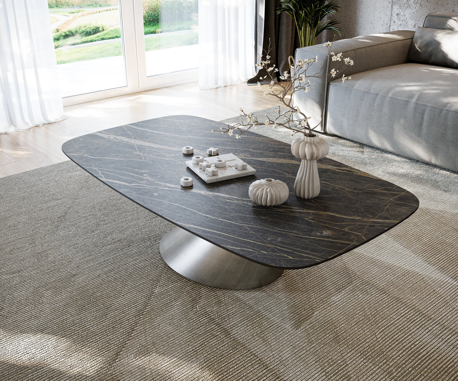 Konferenčný stolík Edge zaoblený 140x80 cm keramika Laminam® Noir Desir hnedá Conis metalická strieborná - Image 4