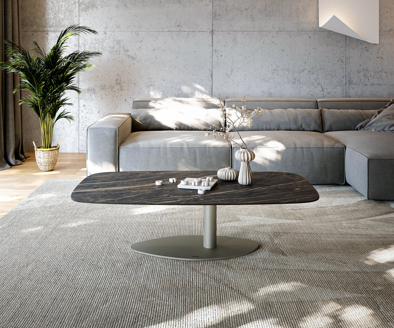 Konferenčný stolík Edge zaoblený 140x80 cm keramika Laminam® Noir Desir hnedá Vibany kov efektové prevedenie titánová farba