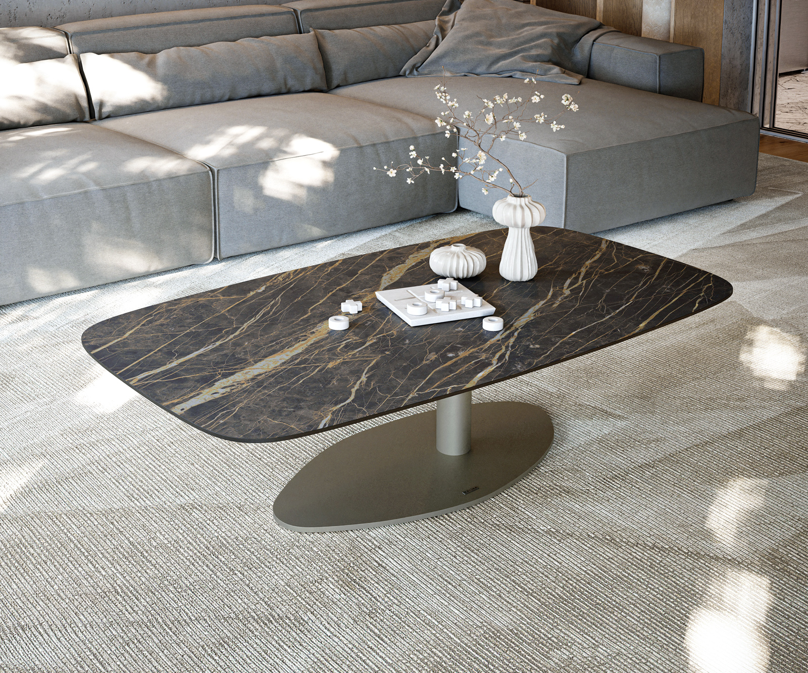 Konferenčný stolík Edge zaoblený 140x80 cm keramika Laminam® Noir Desir hnedá Vibany kov efektové prevedenie titánová farba - Image 2