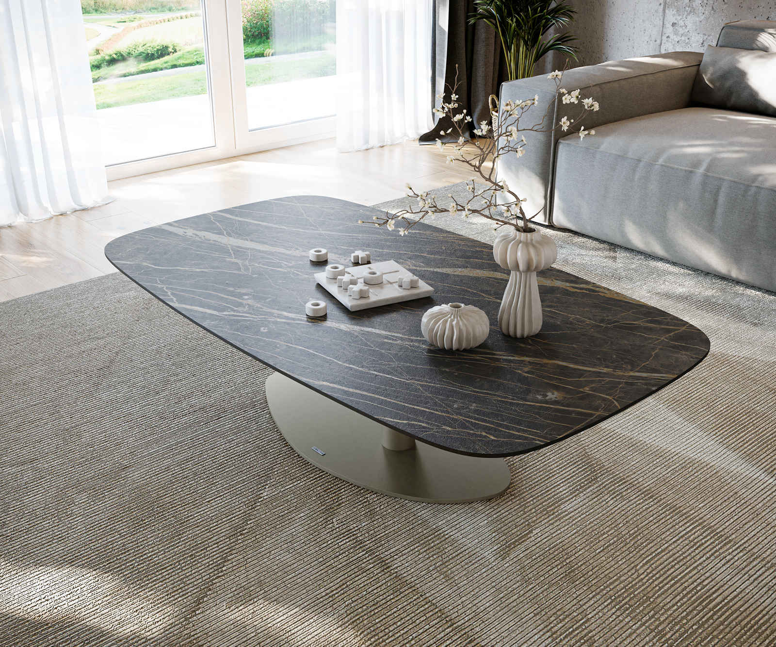 Konferenčný stolík Edge zaoblený 140x80 cm keramika Laminam® Noir Desir hnedá Vibany kov efektové prevedenie titánová farba - Image 4