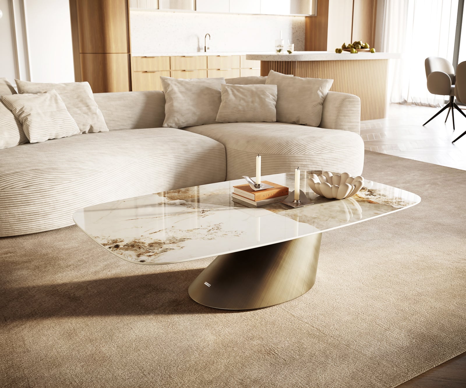 Konferenčný stolík Edge zaoblený 140x80 cm keramika Minas Melange Conis metalická zlatá