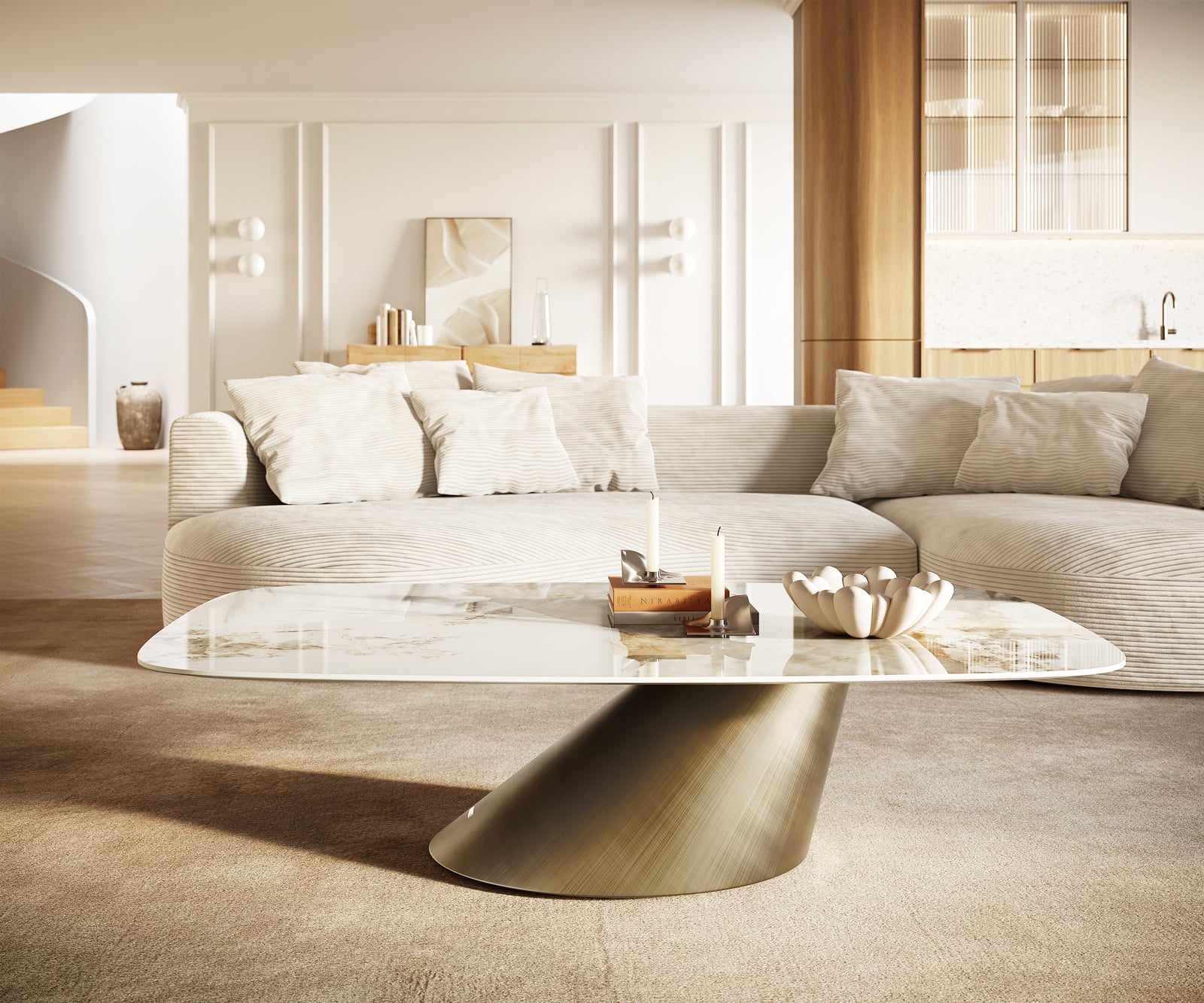 Konferenčný stolík Edge zaoblený 140x80 cm keramika Minas Melange Conis metalická zlatá - Image 2