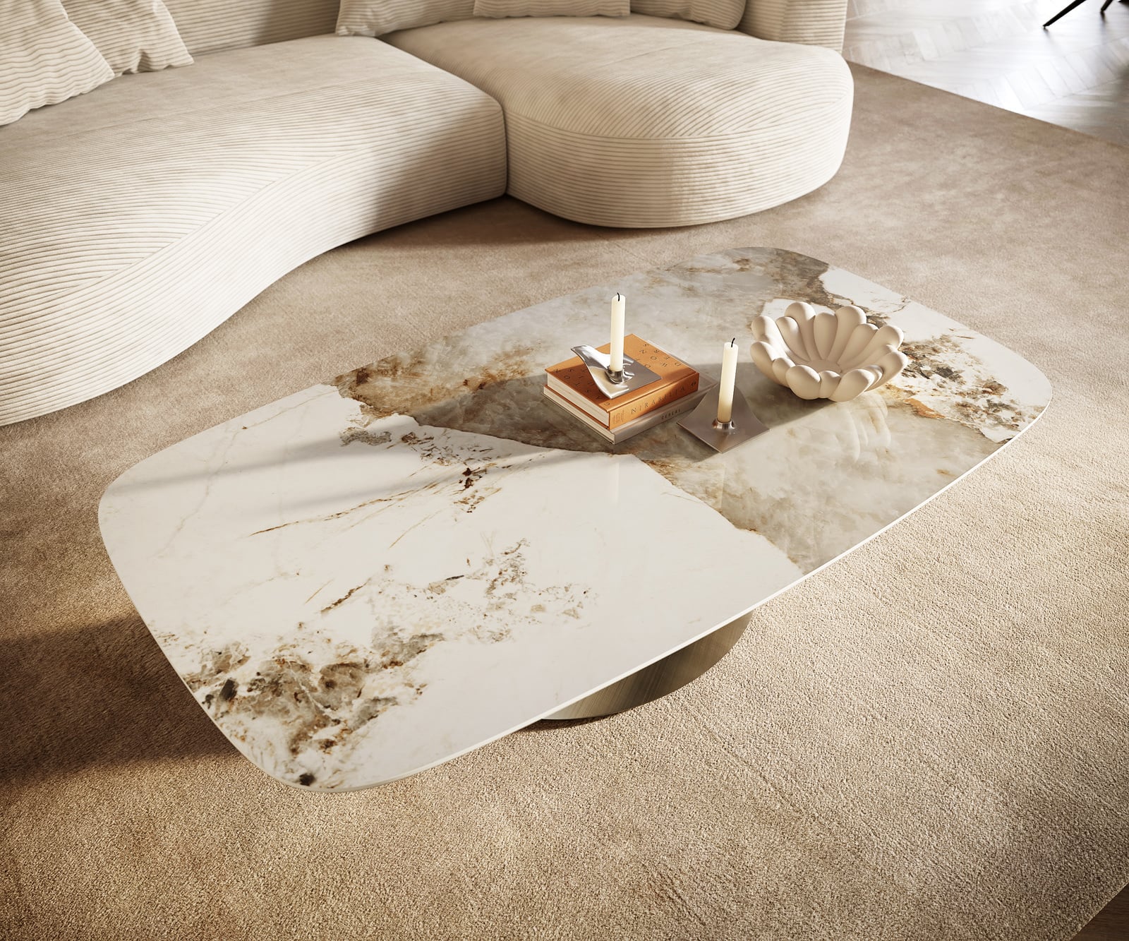 Konferenčný stolík Edge zaoblený 140x80 cm keramika Minas Melange Conis metalická zlatá - Image 6