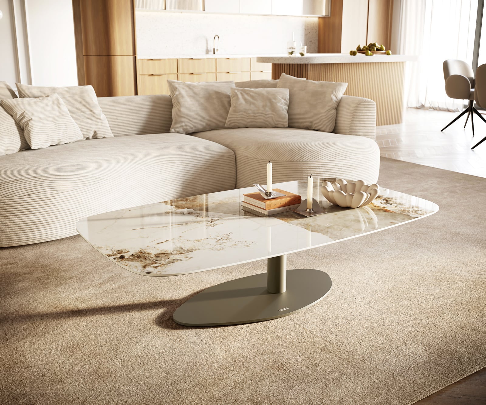 Konferenčný stolík Edge zaoblený tvar 140x80 cm keramika Minas Melange Vibany kov titánová farba