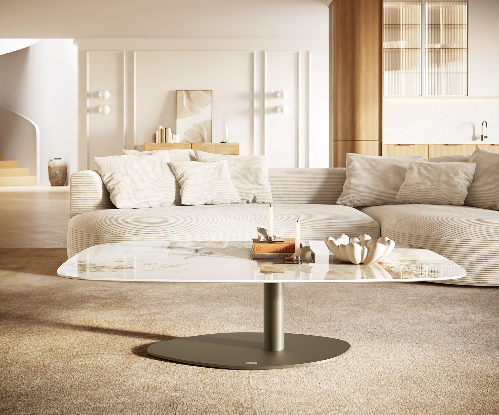 Konferenčný stolík Edge zaoblený tvar 140x80 cm keramika Minas Melange Vibany kov titánová farba - Image 2