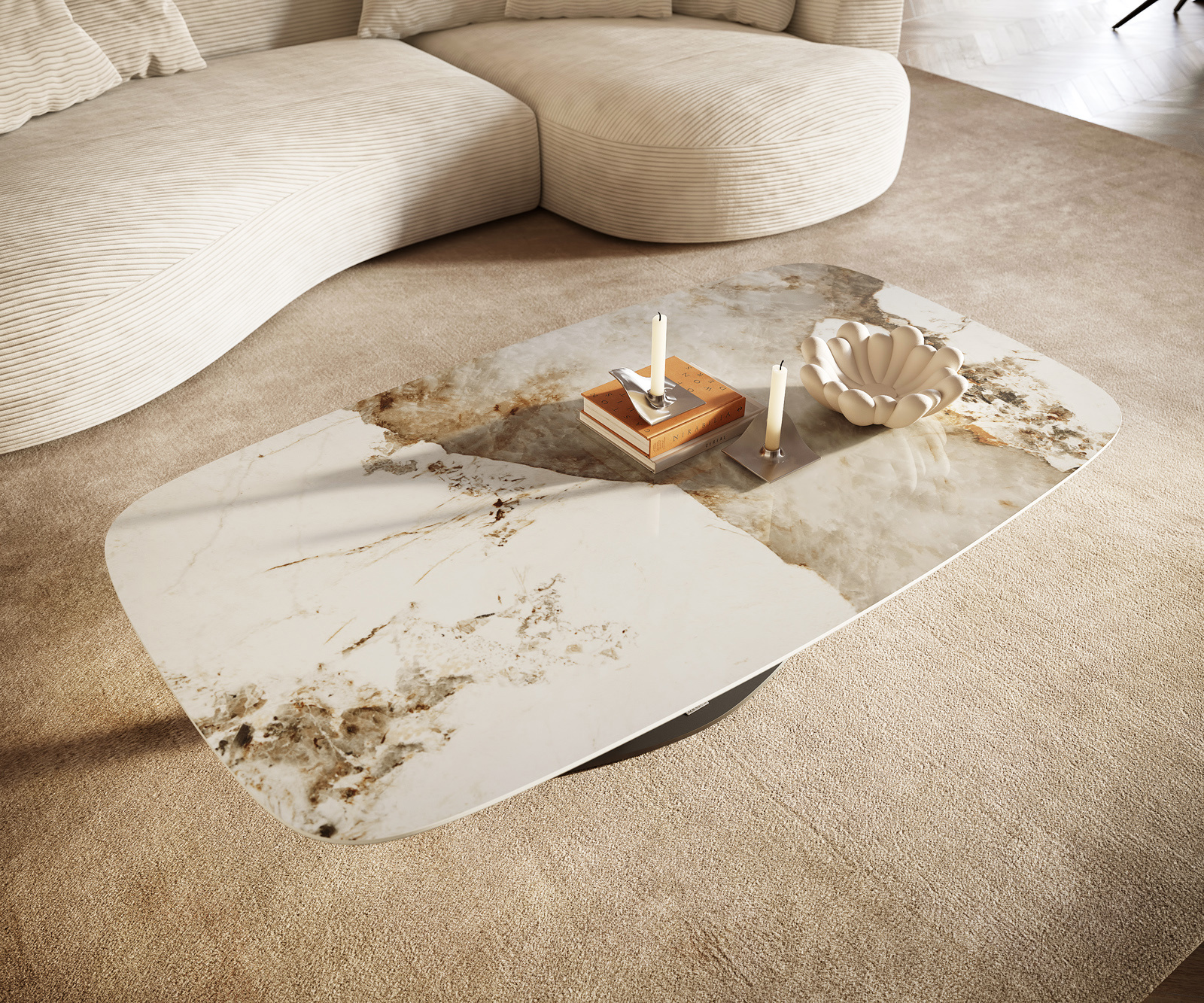 Konferenčný stolík Edge zaoblený tvar 140x80 cm keramika Minas Melange Vibany kov titánová farba - Image 6