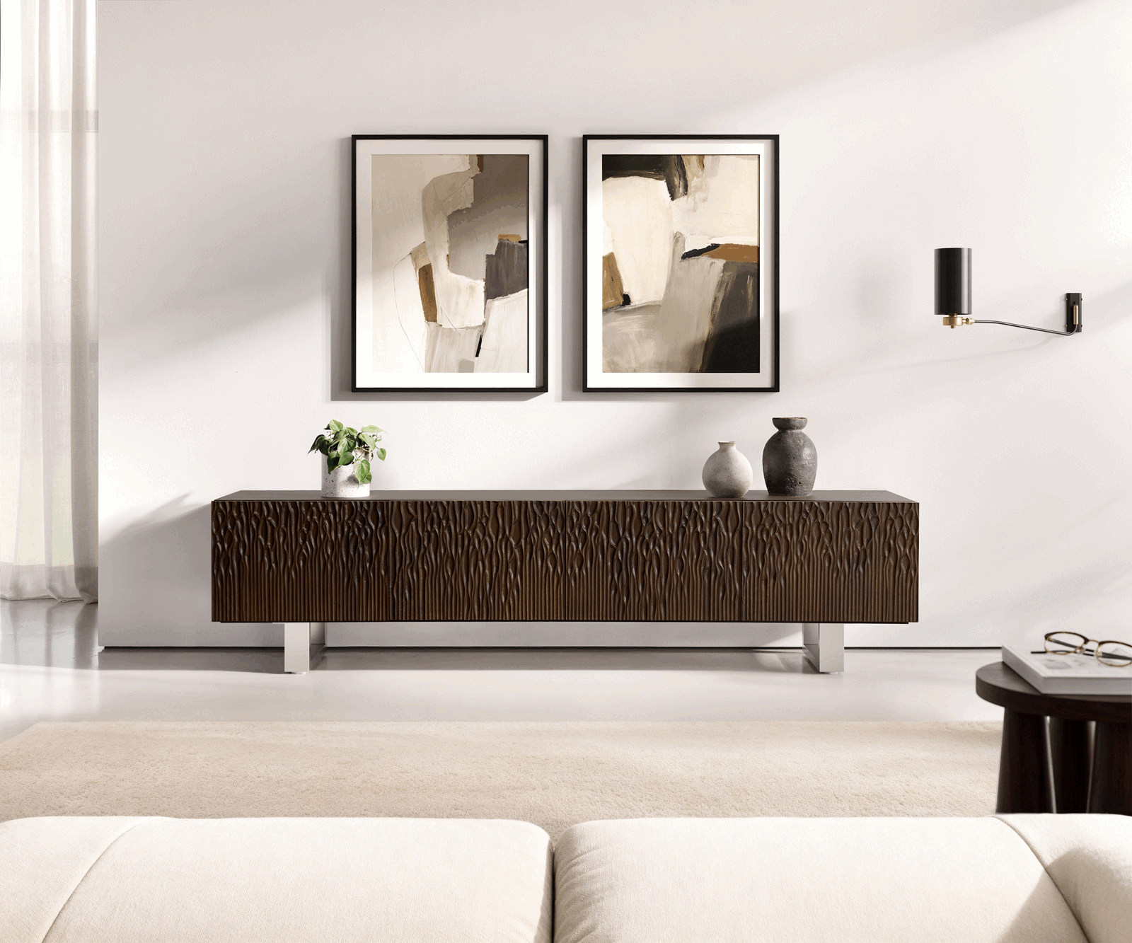 TV stolík Follia 200 cm mango hnedá 4 dvierka tenká podstava nerezová oceľ kefovaná - Image 2