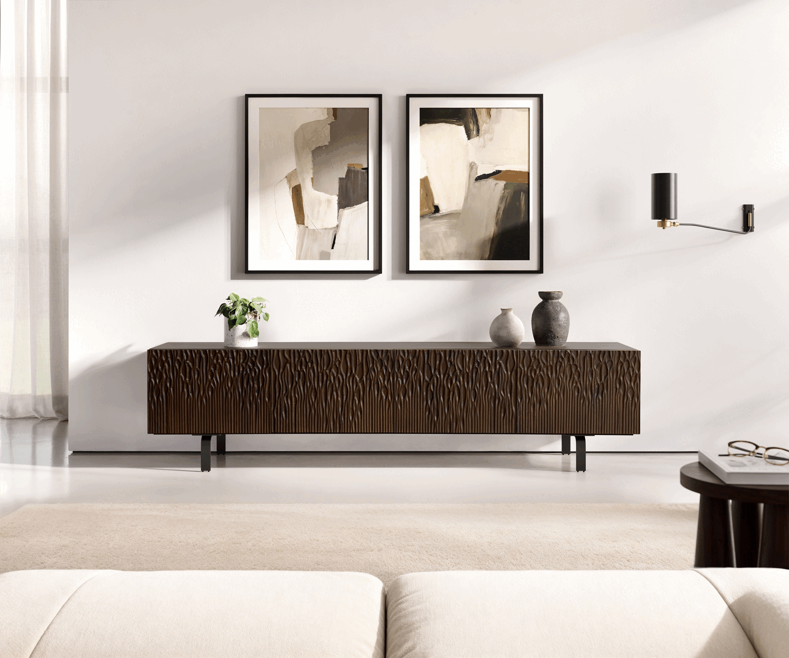 TV stolík Follia 200 cm mango hnedá 4 dvierka podstava v tvare L kov čierna - Image 2