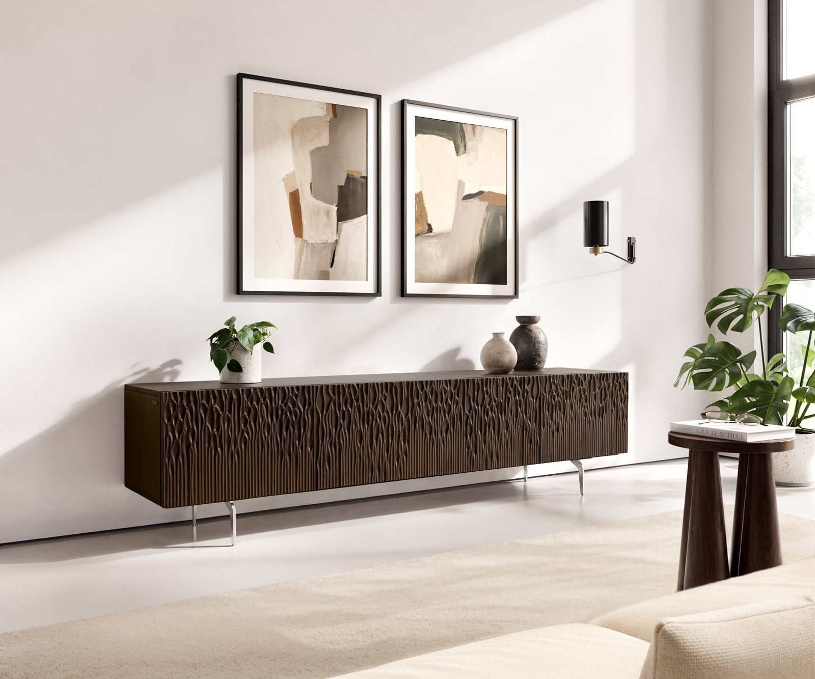 TV stolík Follia 200 cm mango hnedá 4 dvierka podstava v tvare L nerezová oceľ kefovaný