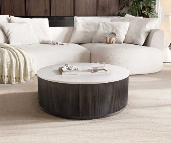 Konferenčný stolík Fiorano 90x90 cm mramor biela kov čierna vintage