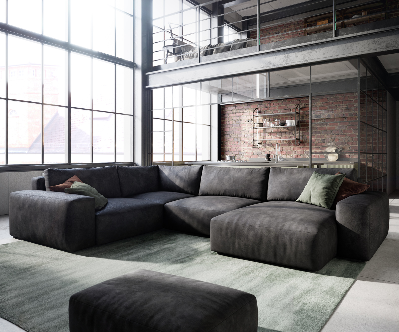 Pohovka v tvare "U" Lanzo 300x210 cm imitácia kože vintage antracitová ležadlo variabilné s taburetom