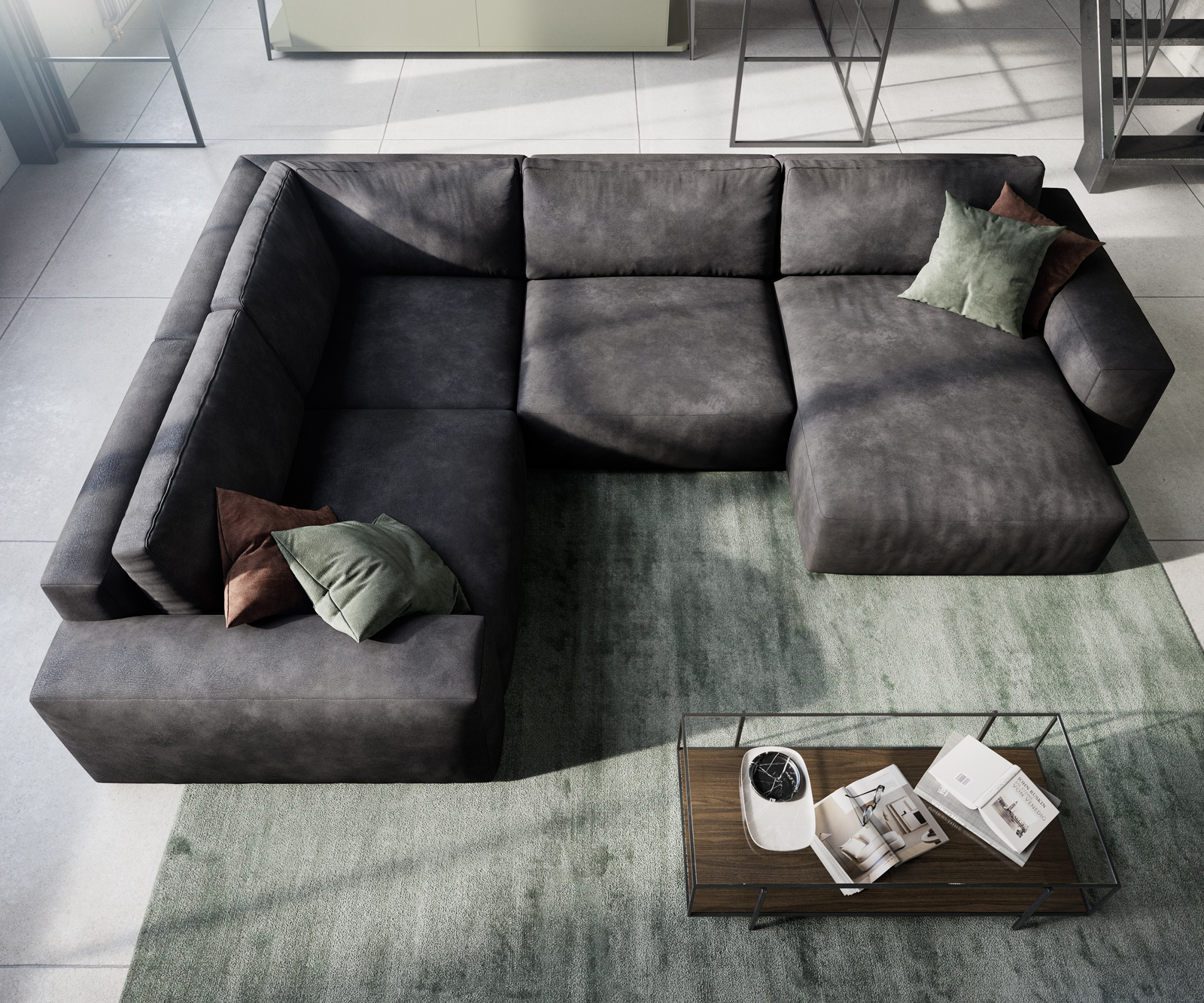 Pohovka v tvare "U" Lanzo 300x210 cm imitácia kože vintage antracitová ležadlo variabilné s taburetom - Image 4