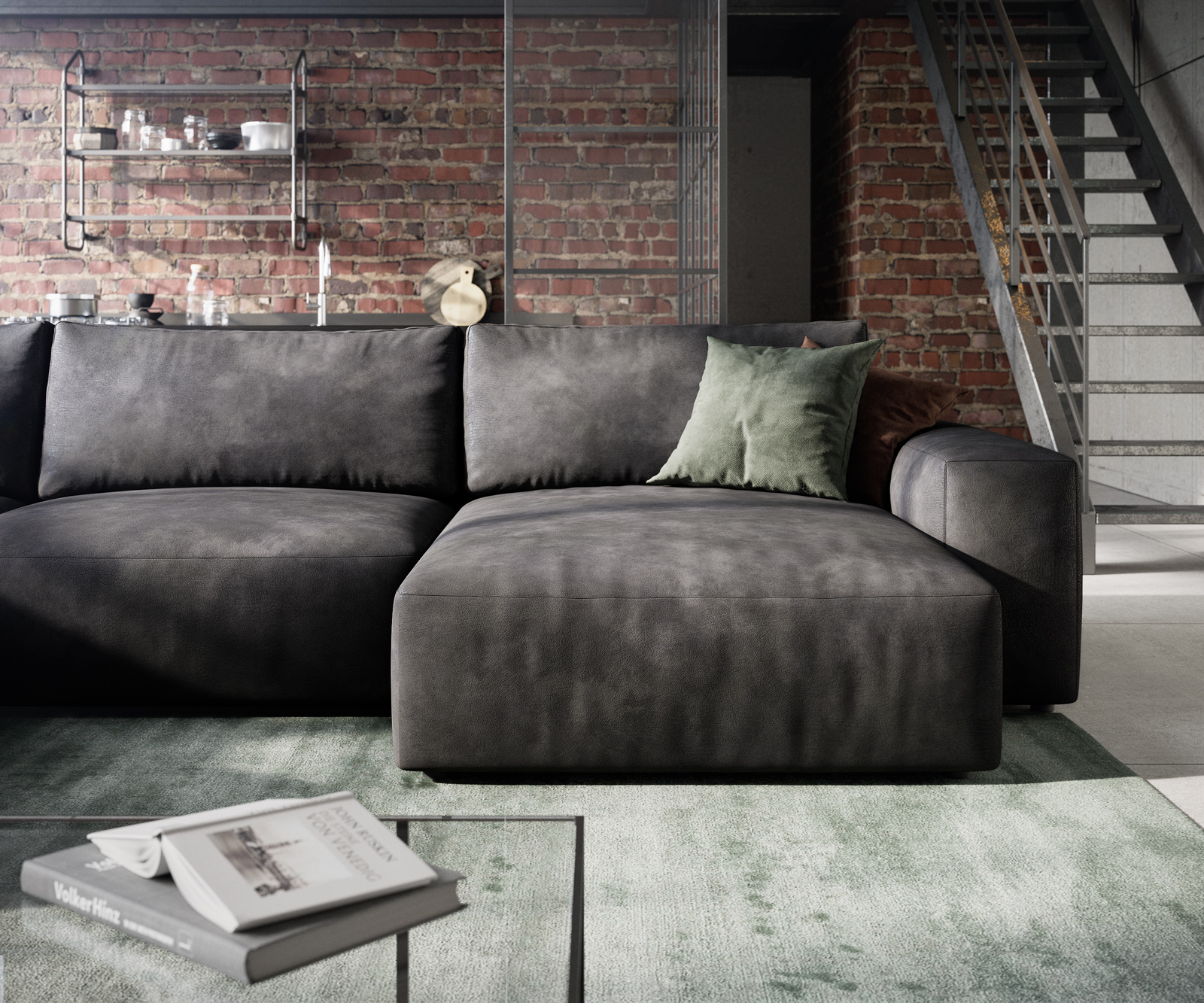 Pohovka v tvare "U" Lanzo 300x210 cm imitácia kože vintage antracitová ležadlo variabilné s taburetom - Image 6