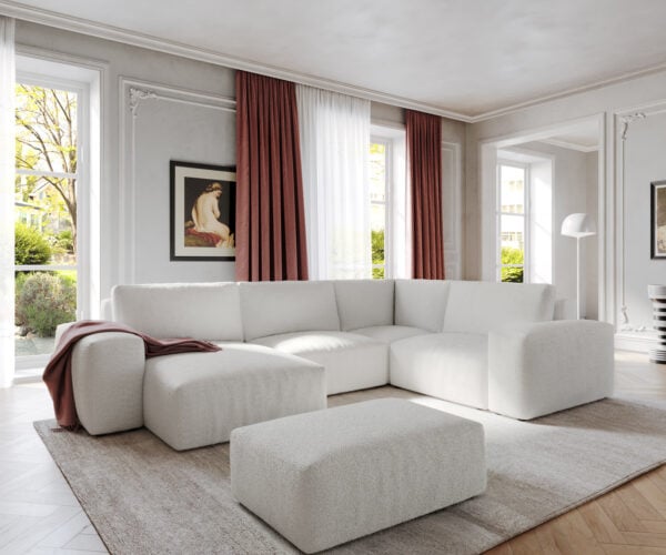 Pohovka v tvare U Lanzo 300x210 cm bouclé bielo-krémová ležadlo variabilné s taburetom