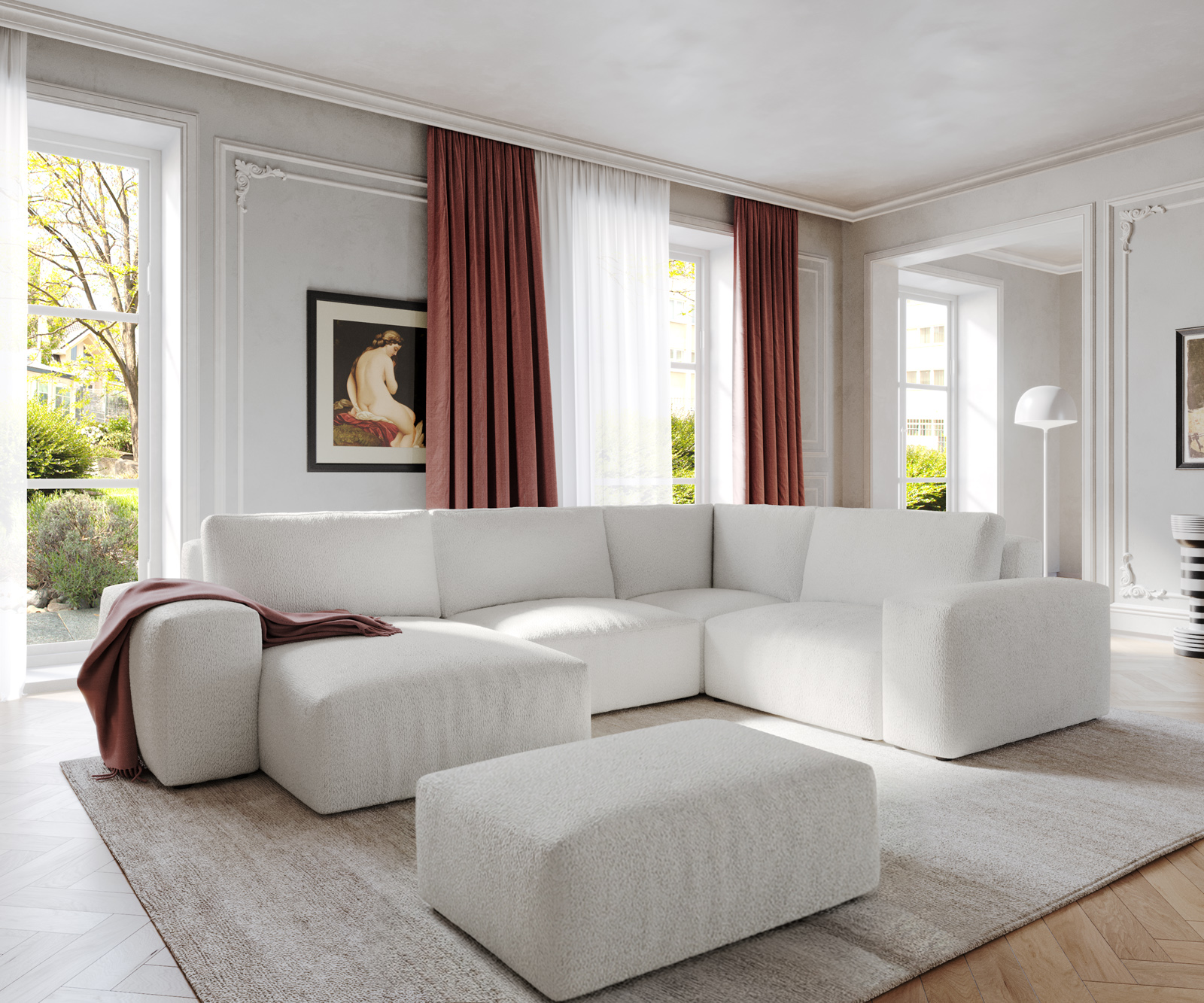 Pohovka v tvare U Lanzo 300x210 cm bouclé bielo-krémová ležadlo variabilné s taburetom