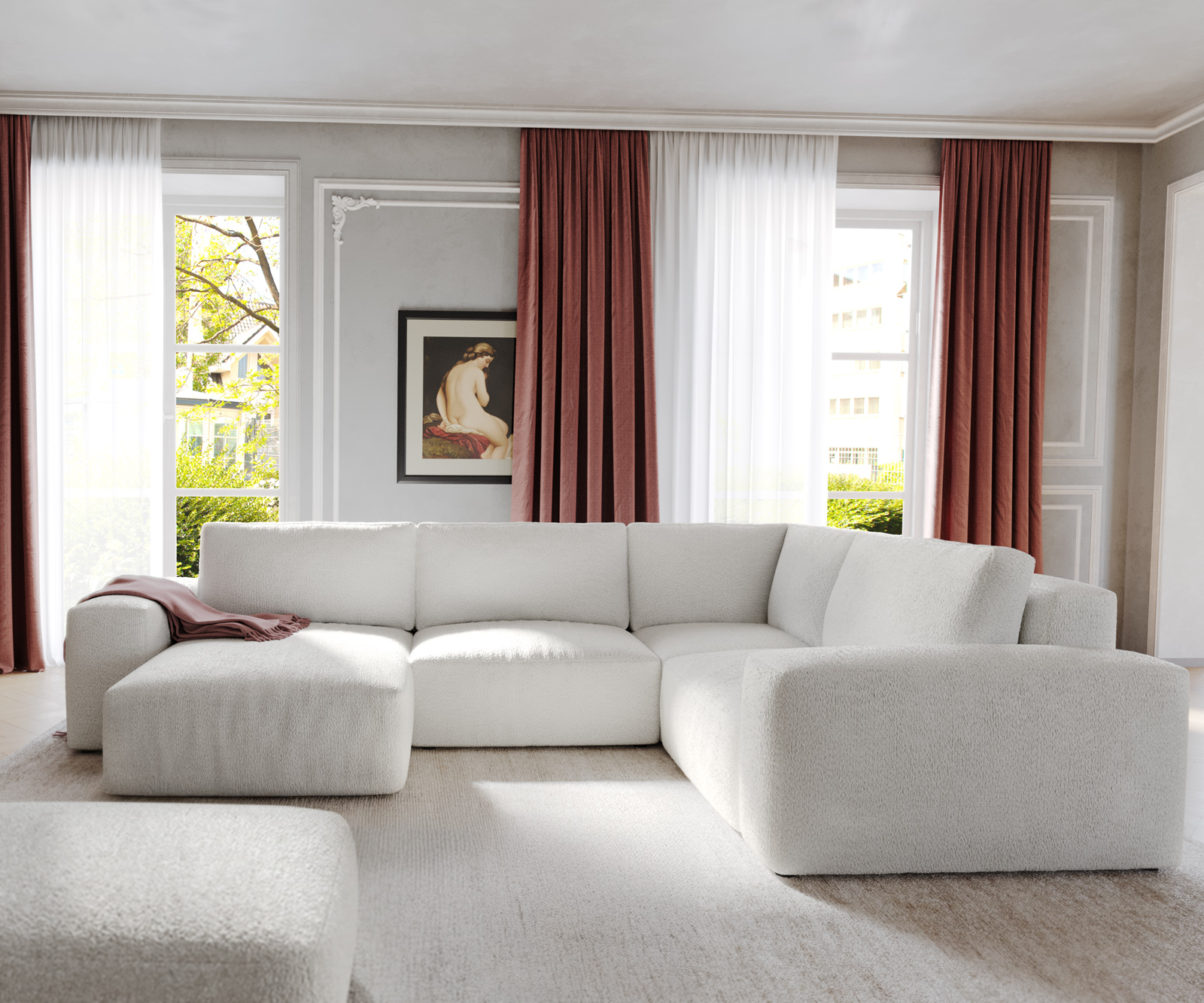 Pohovka v tvare U Lanzo 300x210 cm bouclé bielo-krémová ležadlo variabilné s taburetom - Image 2