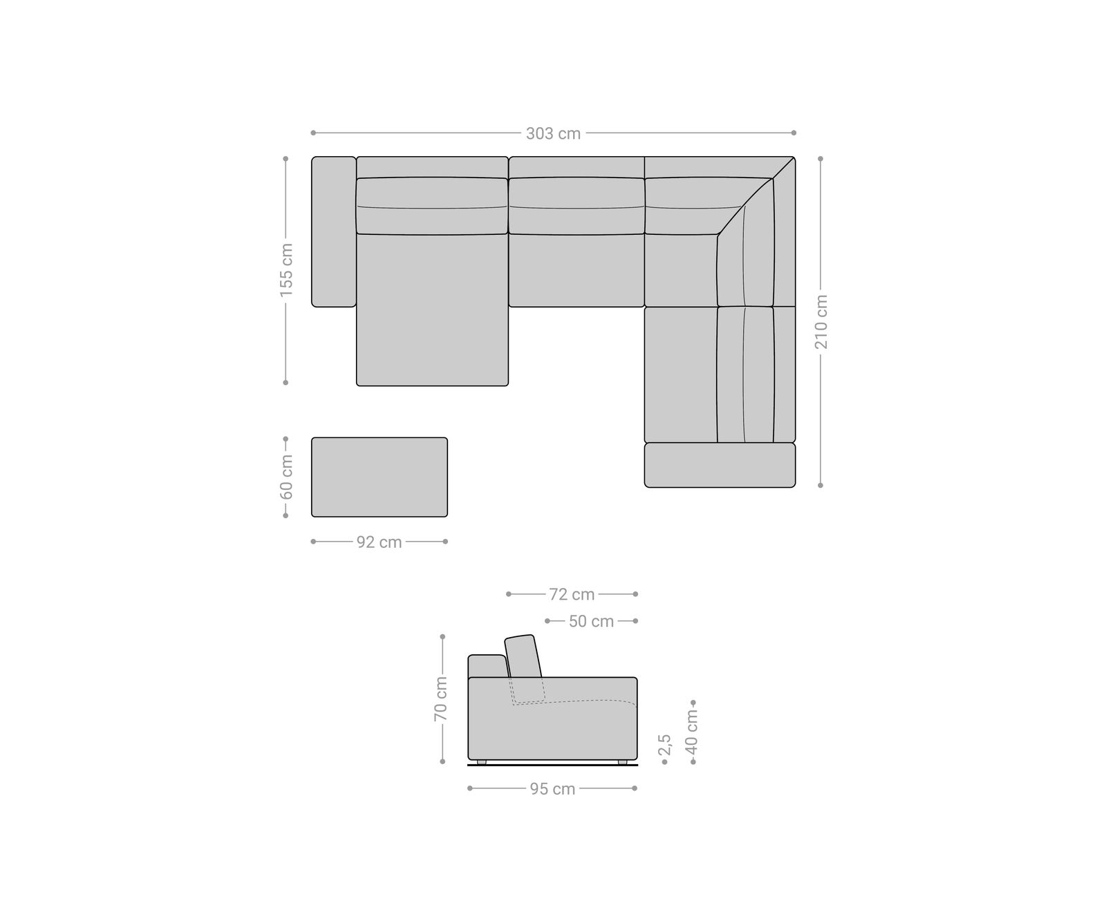Pohovka v tvare U Lanzo 300x210 cm bouclé bielo-krémová ležadlo variabilné s taburetom - Image 8