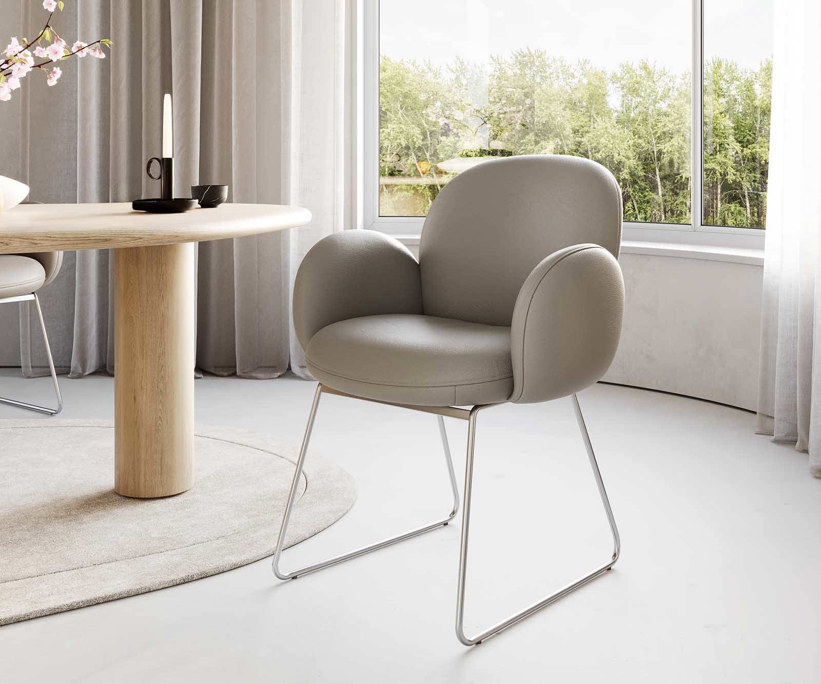 Jedálenská stolička Nube-Flex s opierkami pravá koža tmavobéžová tenká podstava nerezová oceľ vrecková pružina