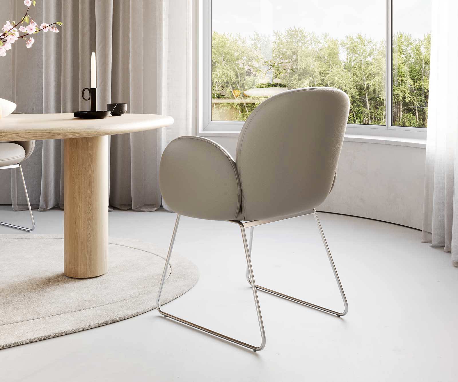 Jedálenská stolička Nube-Flex s opierkami pravá koža tmavobéžová tenká podstava nerezová oceľ vrecková pružina - Image 4