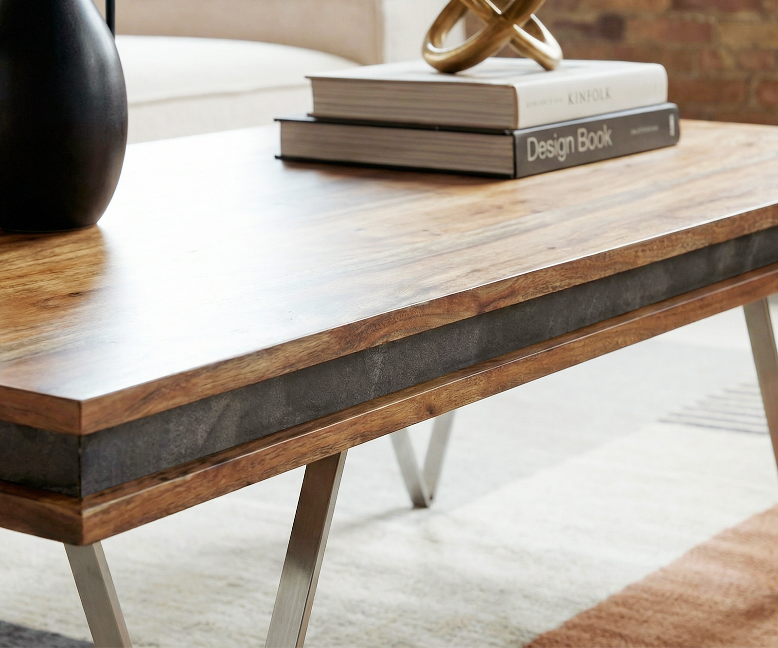 Dizajnový konferenčný stolík Stonegrace 117x60x25 cm akácia prírodná bridlica - Image 4