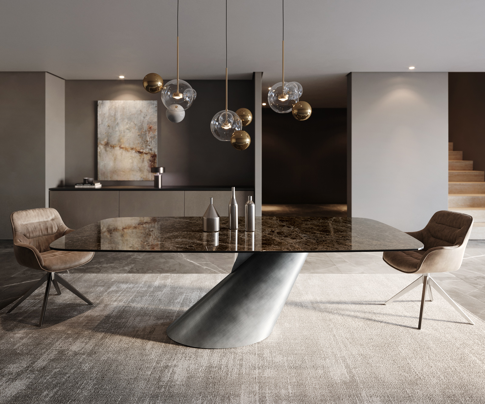 Jedálenský stôl Edge zaoblený tvar 240x120 keramika Laminam® Emperador Extra Lucidato tmavohnedá kužeľ metalická strieborná - Image 2