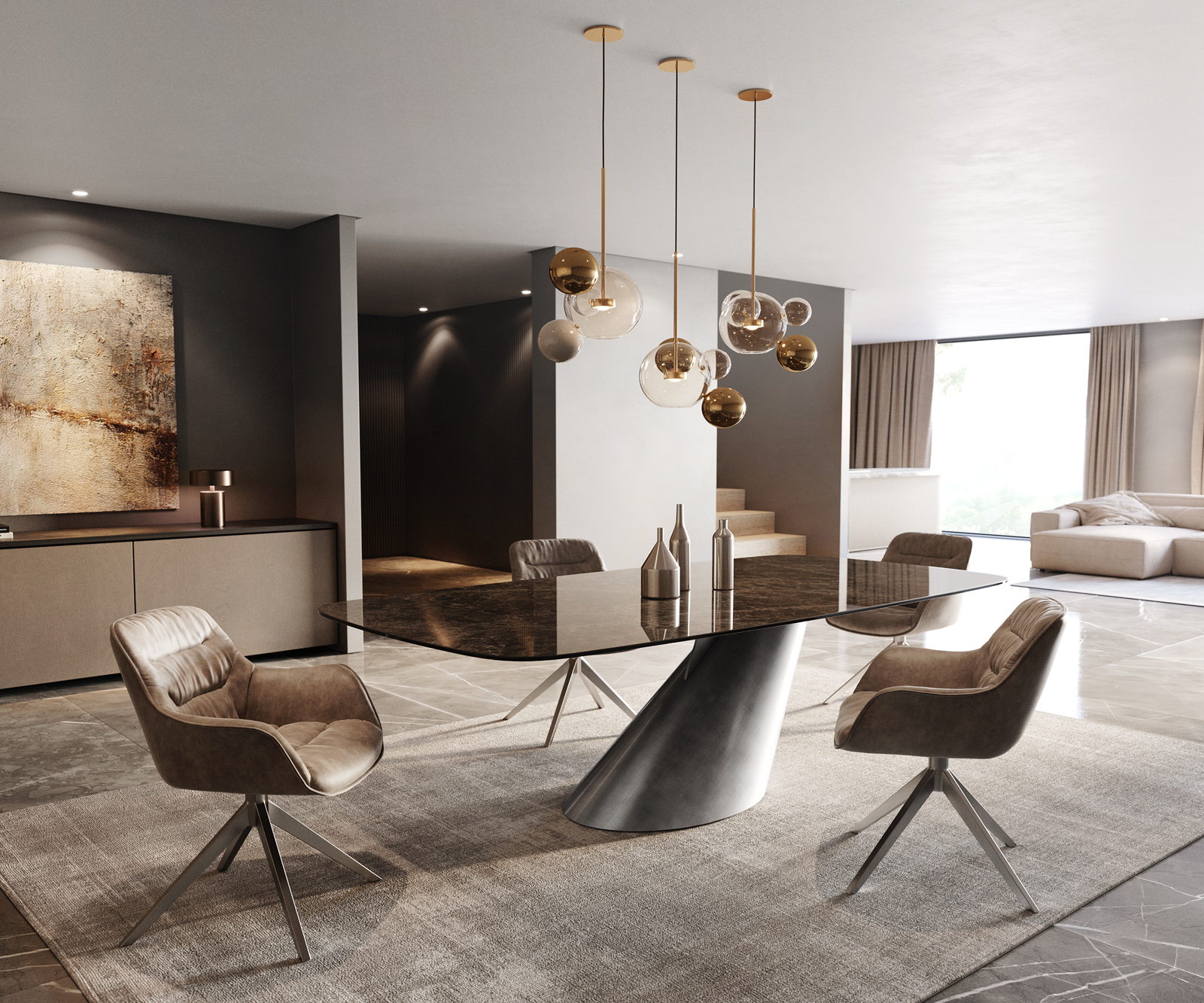 Jedálenský stôl Edge zaoblený tvar 240x120 keramika Laminam® Emperador Extra Lucidato tmavohnedá kužeľ metalická strieborná - Image 7