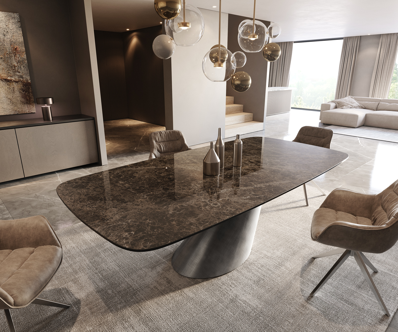 Jedálenský stôl Edge zaoblený tvar 240x120 keramika Laminam® Emperador Extra Lucidato tmavohnedá kužeľ metalická strieborná