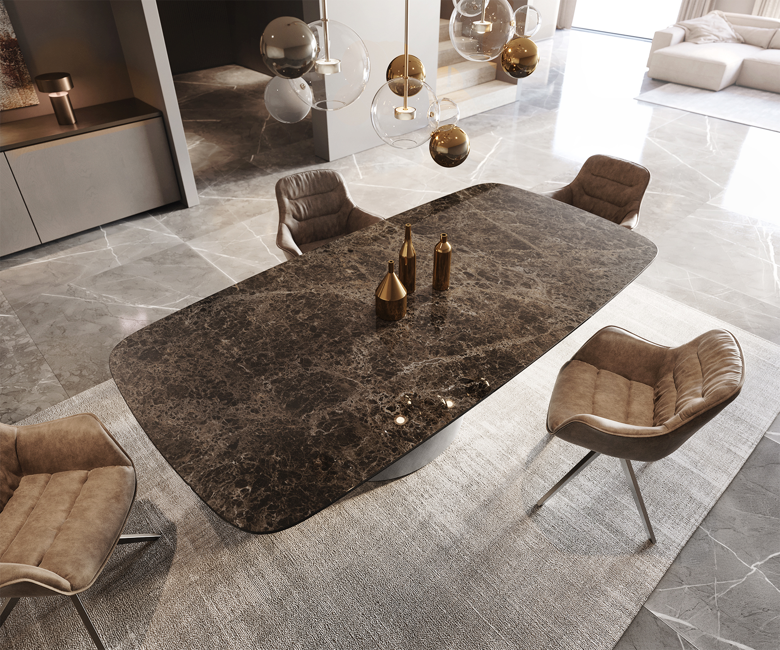 Jedálenský stôl Edge zaoblený tvar 240x120 keramika Laminam® Emperador Extra Lucidato tmavohnedá kužeľ metalická strieborná - Image 4