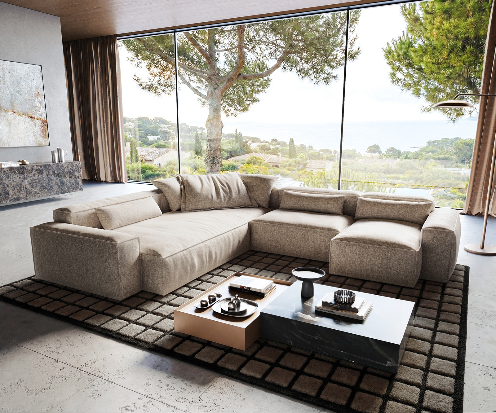 Pohovka v tvare U Freestyle 360x290 cm tkaná látka mäkká béžová lemovanie