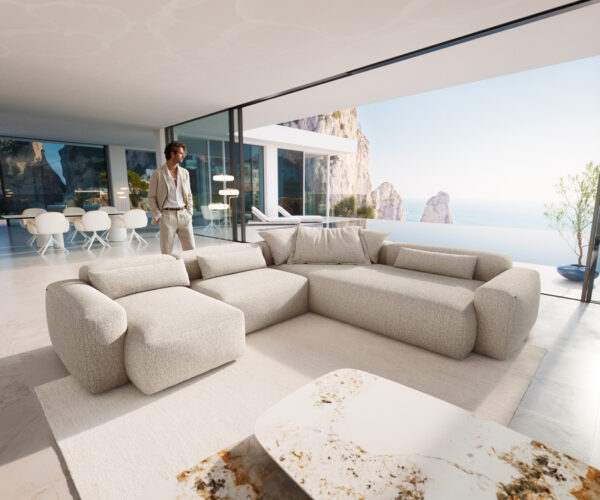 Pohovka v tvare U Freestyle 360x290 cm tkaná látka mäkká béžová prešívanie Kappnaht