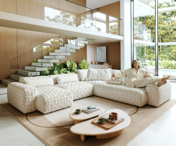 Pohovka v tvare U Freestyle 360x290 cm bouclé mäkká béžová prešívaná