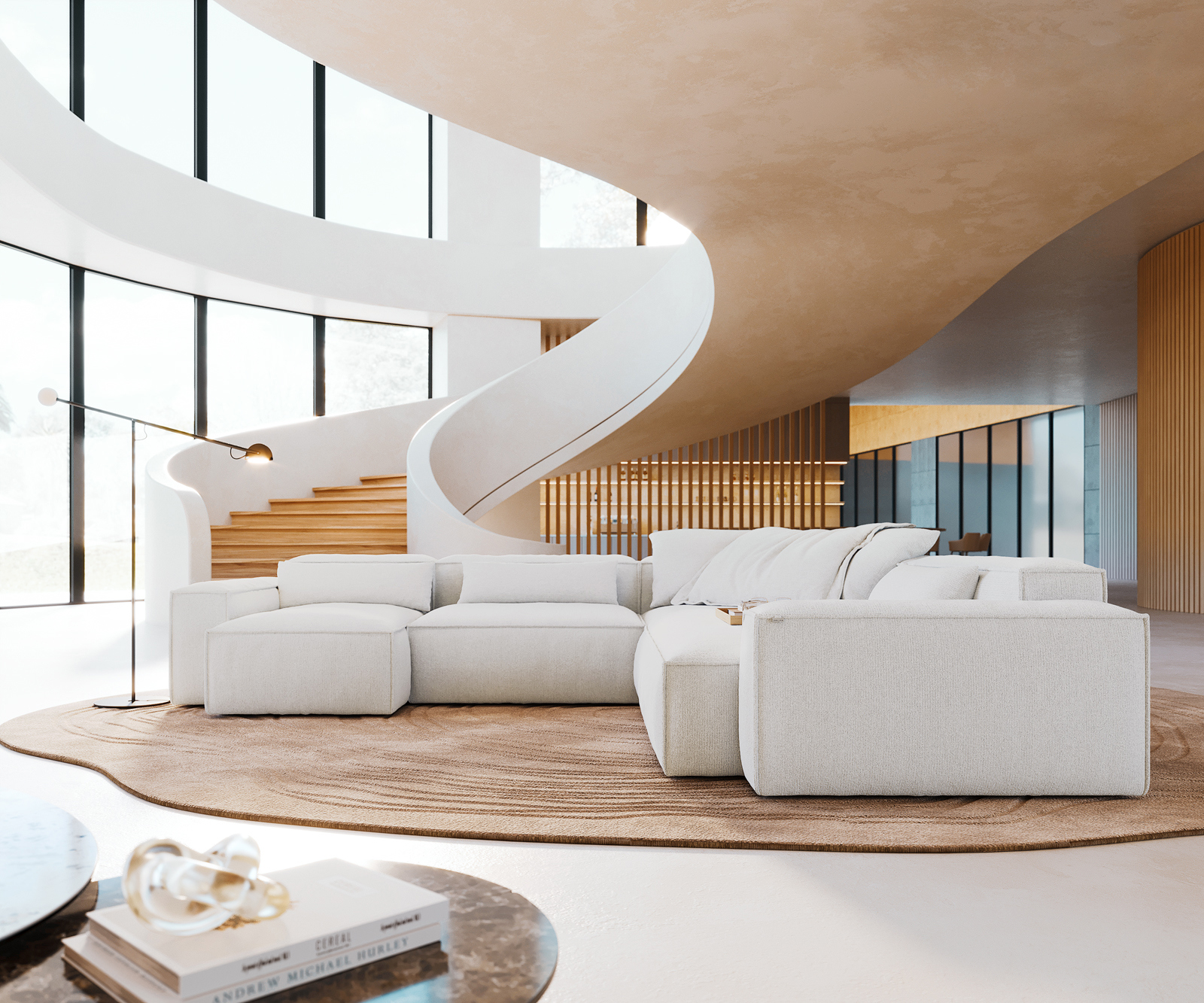 Pohovka v tvare U Freestyle 360x290 cm bouclé mäkký béžová lemovanie - Image 2